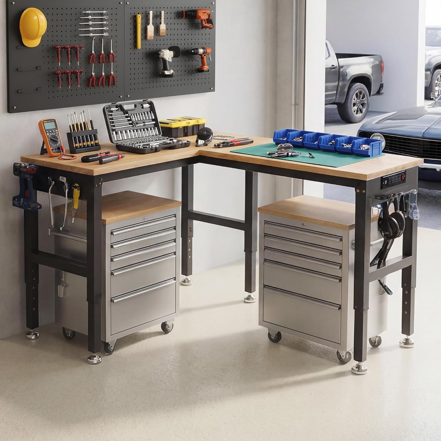SPECRAFT Adjustable Black Heavy-Duty Workbench | 2000 Lbs Capacity, Rubber Wood Top, 4 AC Outlets and 2 USB Ports, for Garage, Workshop and Office