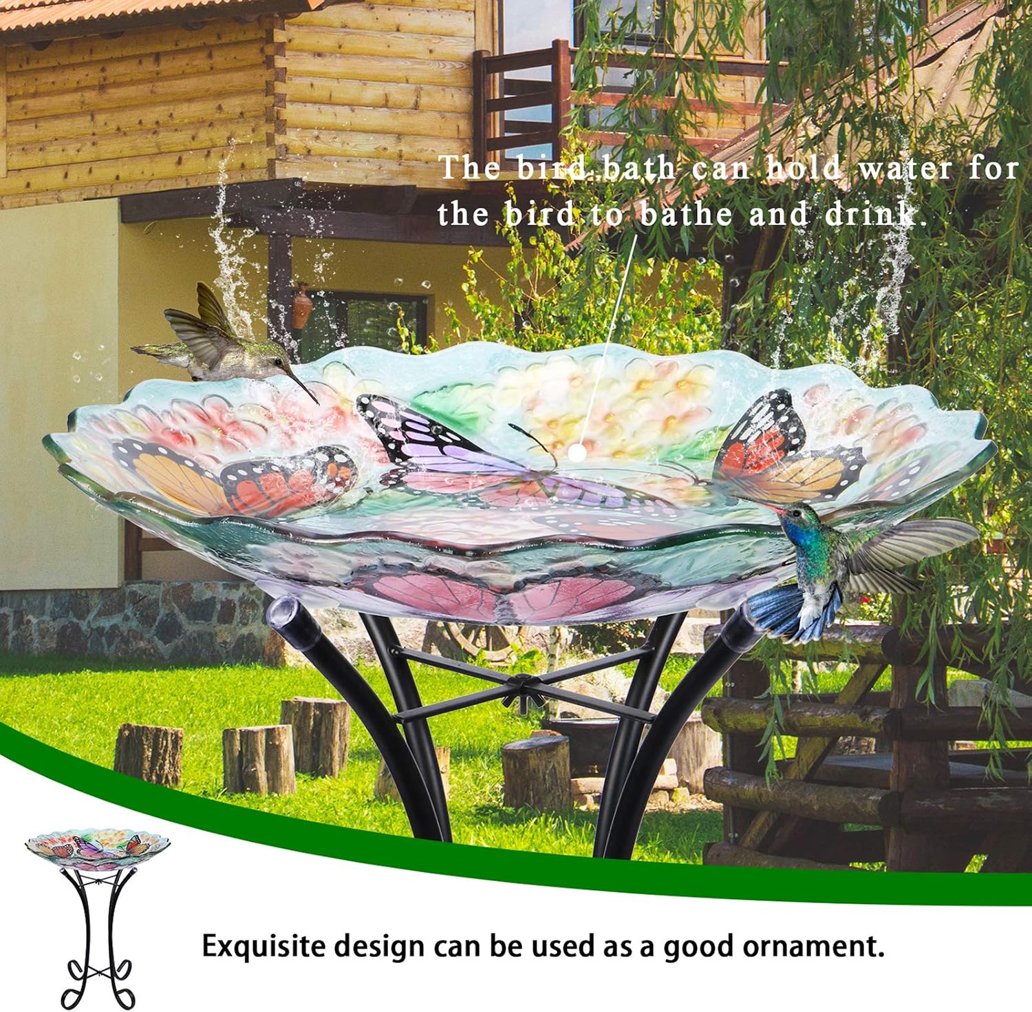 VCUTEKA Glass Bird Bath Outdoor with Metal Stand, Bird Feeder Garden Decor