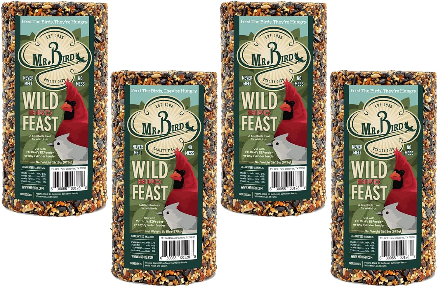 Mr. Bird WildBird Feast Cylinder, 1-Pack, 4 lbs | Wild Bird Seed for Outside Feeders | Premium Blend of Pecans, Sunflower Hearts & Millet | No Mess, No Melt