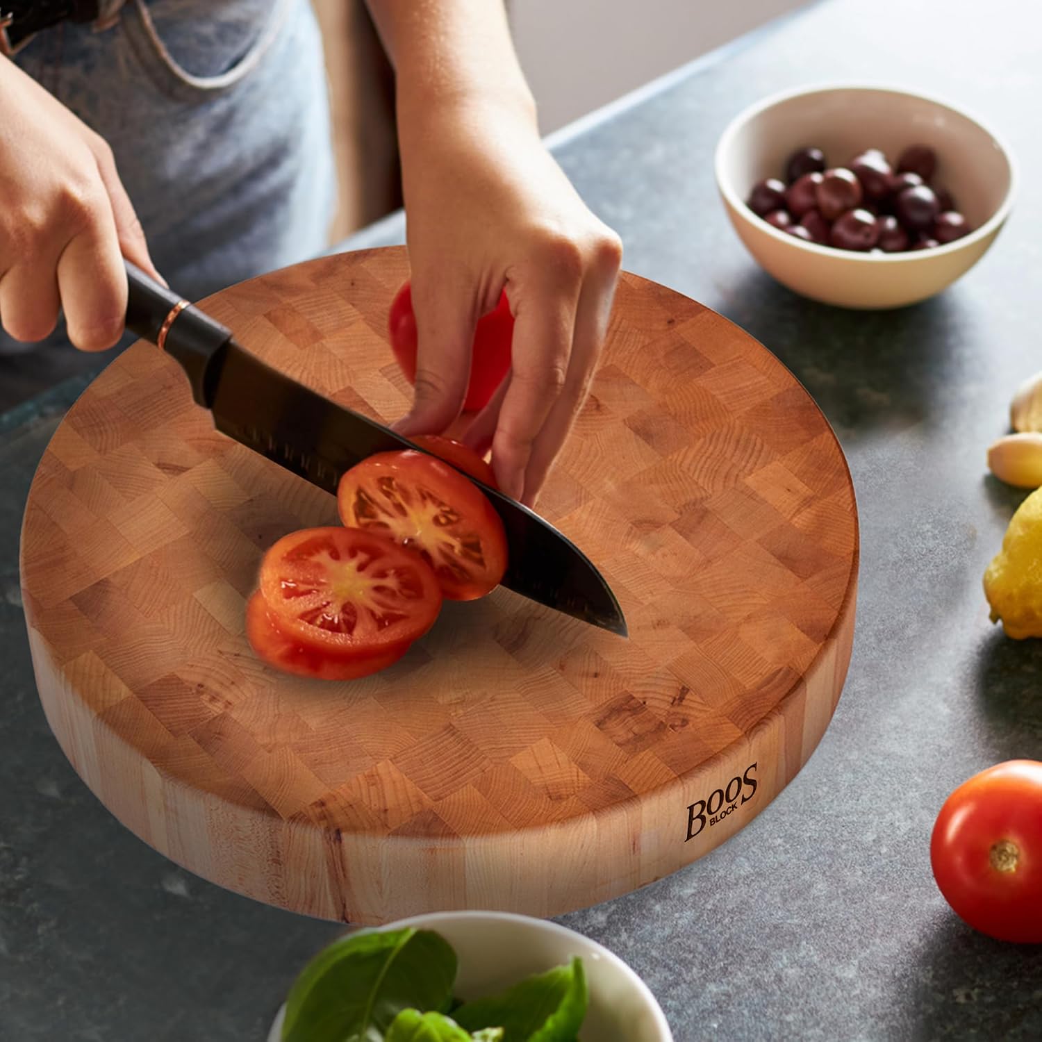 John Boos CCB Series Round Wooden Maple Cutting Board 18”x18” – 3” Thick, 22-lb Non-Reversible Butcher Block with End-Grain – Made in the USA