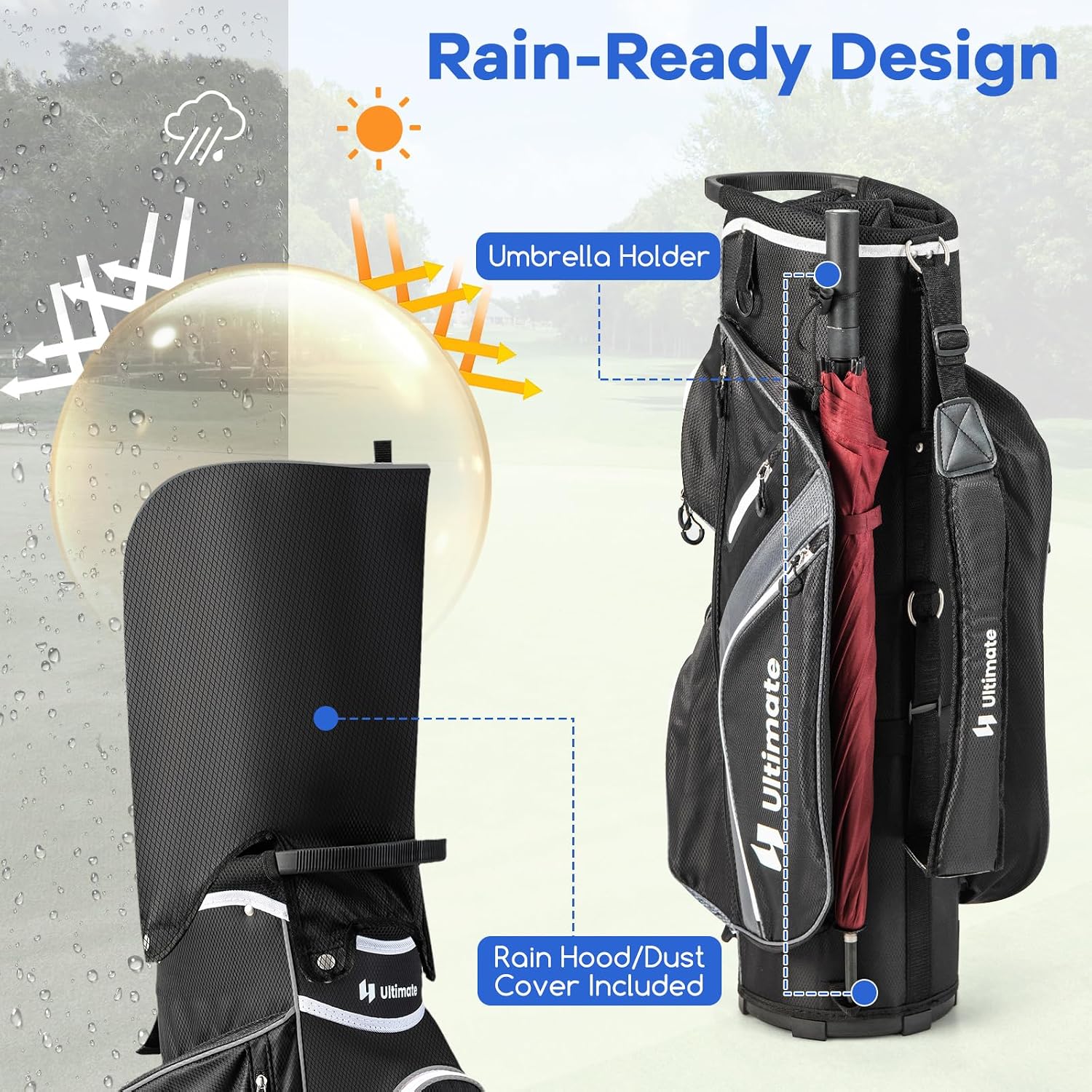ULTIMATE Golf Cart Bag with 14-Way Top Dividers, Golf Club Bag w/ 9 Pockets incl. Cooler Bag, Rain Hood/Dust Cover, Detachable Shoulder Strap & Carry Handles, Lightweight for Men & Women