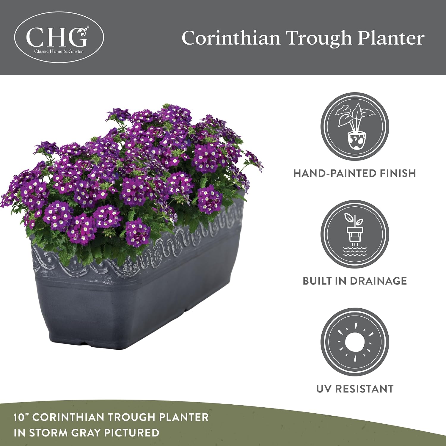 Corinthian Rectangular Planter Box w/Drain Plug, 10" Storm Gray