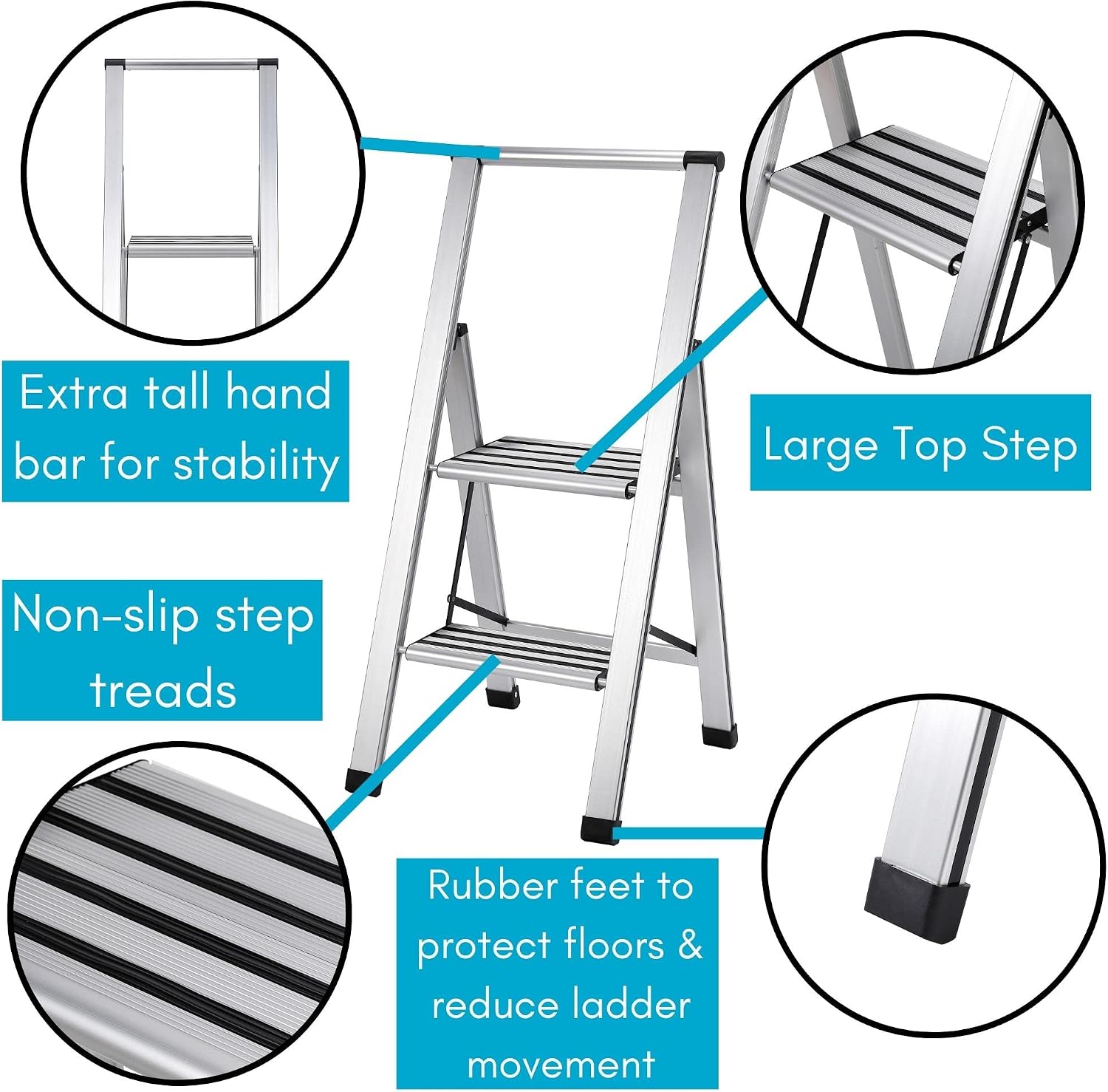 BIRDROCK HOME 2 Step Ladder | Folding Anti-Slip Step Stool, 250 lb Capacity | Lightweight, Slim & Sturdy Design for Household, Kitchen, Garage