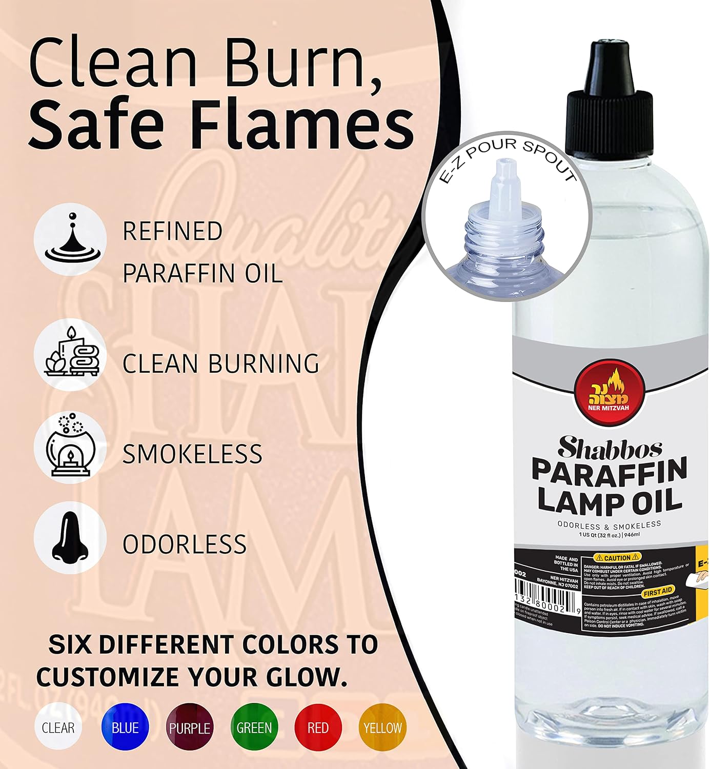 Ner Mitzvah Paraffin Lamp Oil, Clear Smokeless, Odorless, Clean Burning Fuel for Indoor and Outdoor, Use with E - Z Fill Cap and Pouring Spout, 32oz