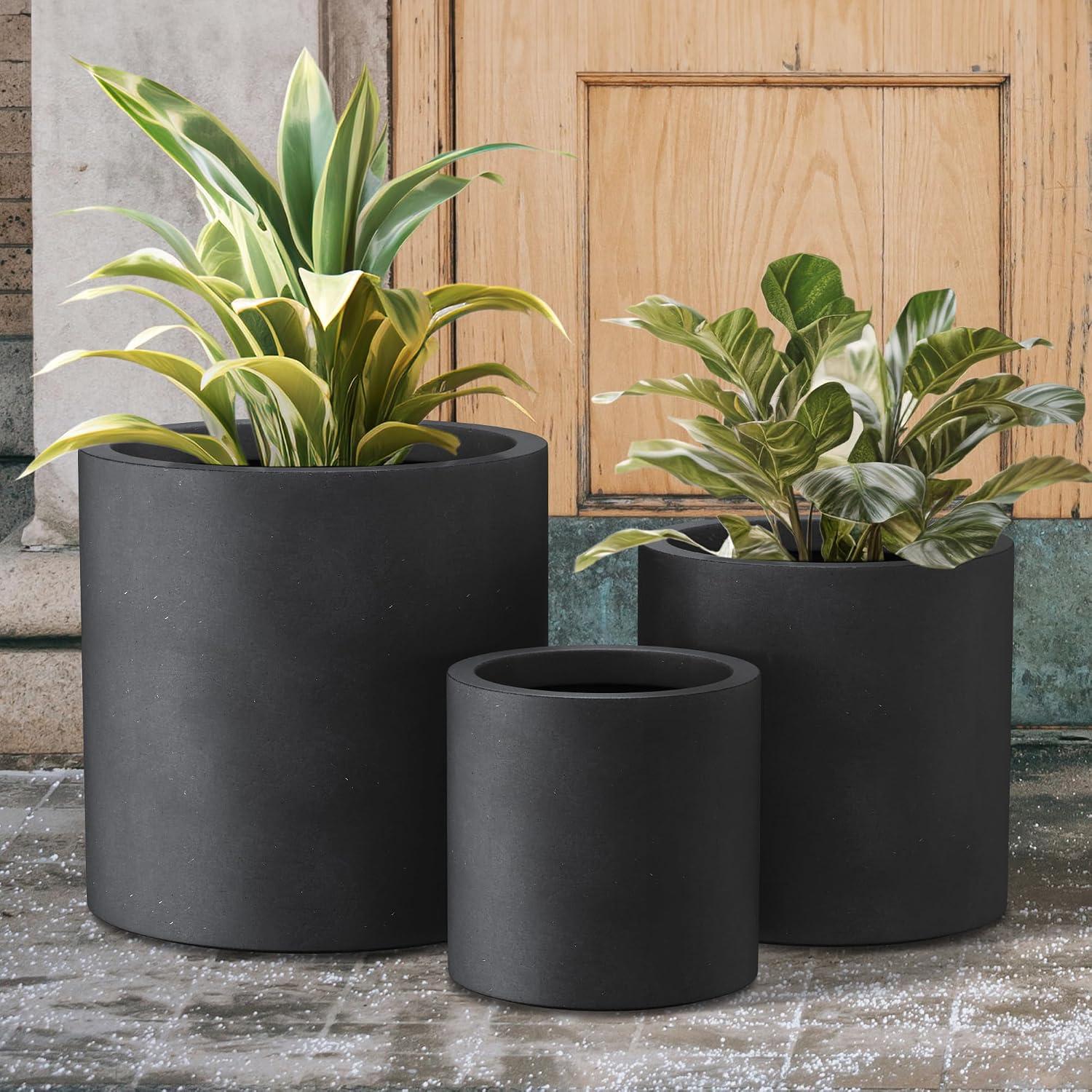 Kante Large Round Cylinder Charcoal Concrete Planter 15.8" Tall, Outdoor