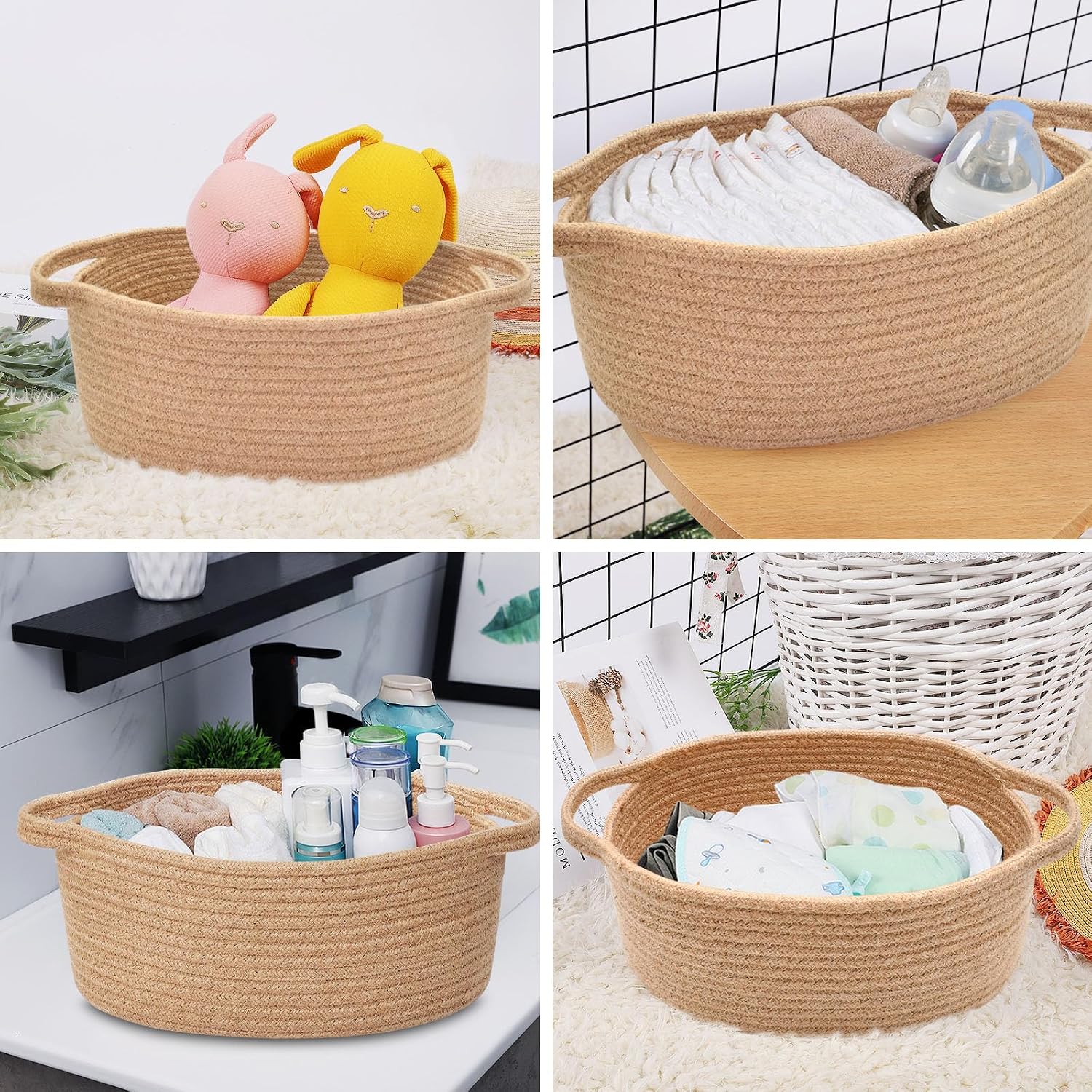 ABenkle Small Basket with Handles, Boho Decorative Rope Woven Dog Cat Toy Storage Bin Shelf Storage Organizer, Easter Christmas Gift Basket, 12"x8"x5"