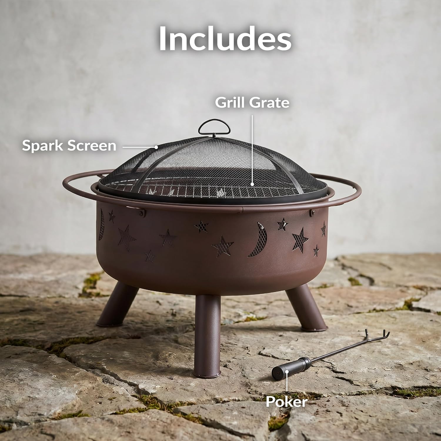 Sunnydaze Cosmic 30" Fire Pit with Cooking Grate for Outside, Wood Burning | Bronze, Heavy Duty Steel Metal, Includes Spark Screen & Poker, Round Outside Firepit for Patio, Deck, Backyard BBQ, Bonfire