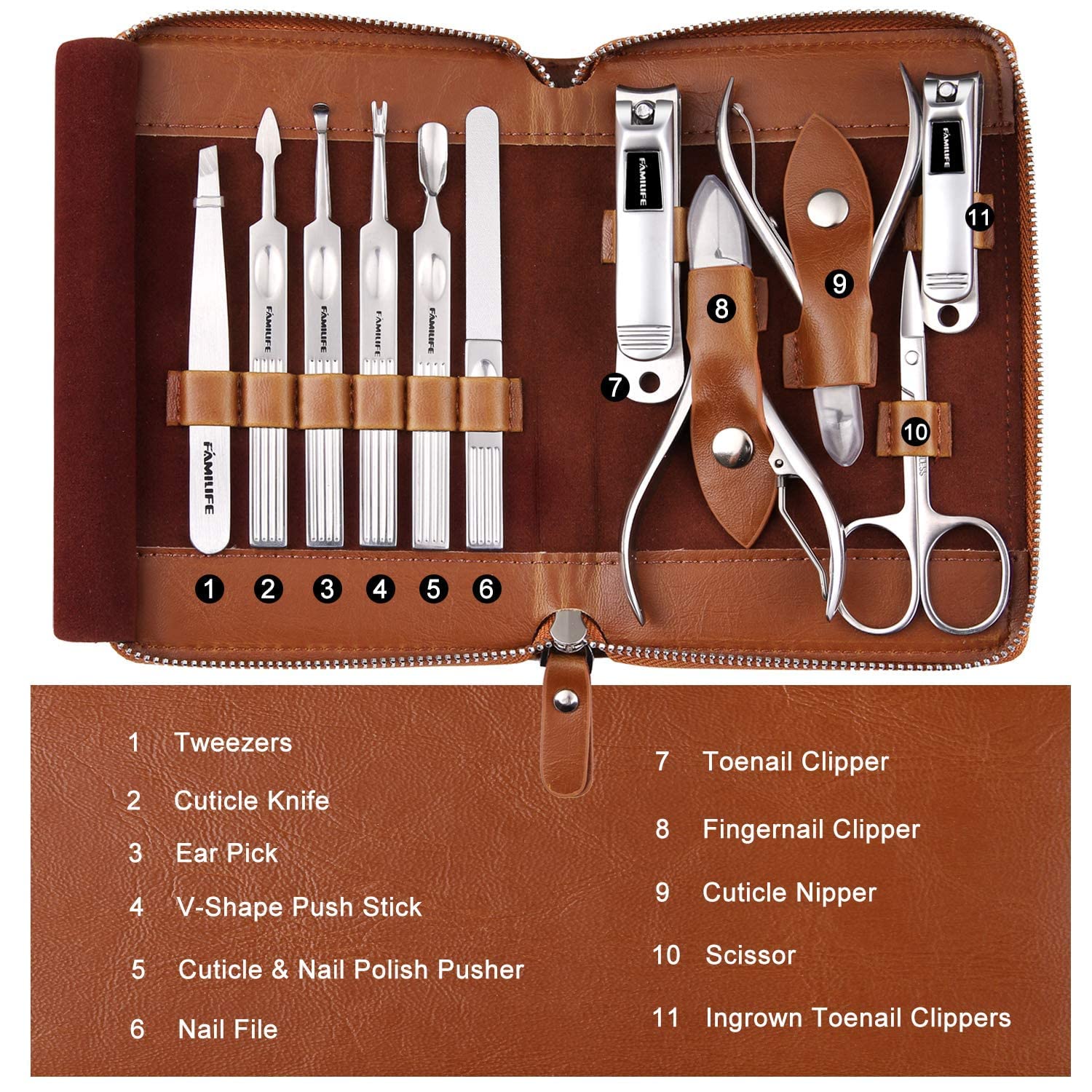 FAMILIFE Stainless Steel Manicure Set 11-in-1 Professional Nail Clipper Kit