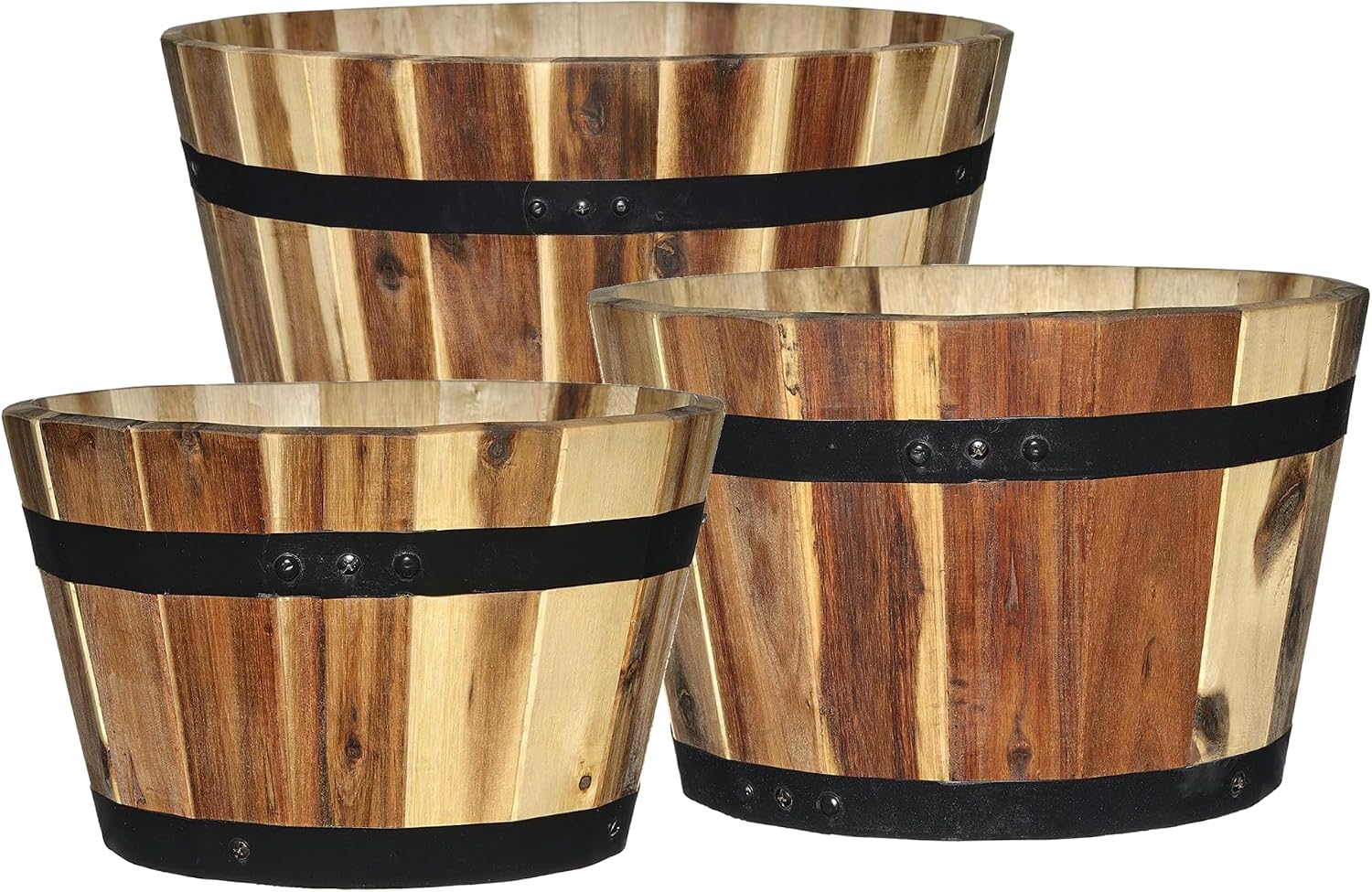 Whiskey Barrel Planter, Wooden Garden Pot, Set of 3, Acacia | Stylish Flower Plant Pots, Indoor & Outdoor Planter, UV-Resistant, Great for Patio