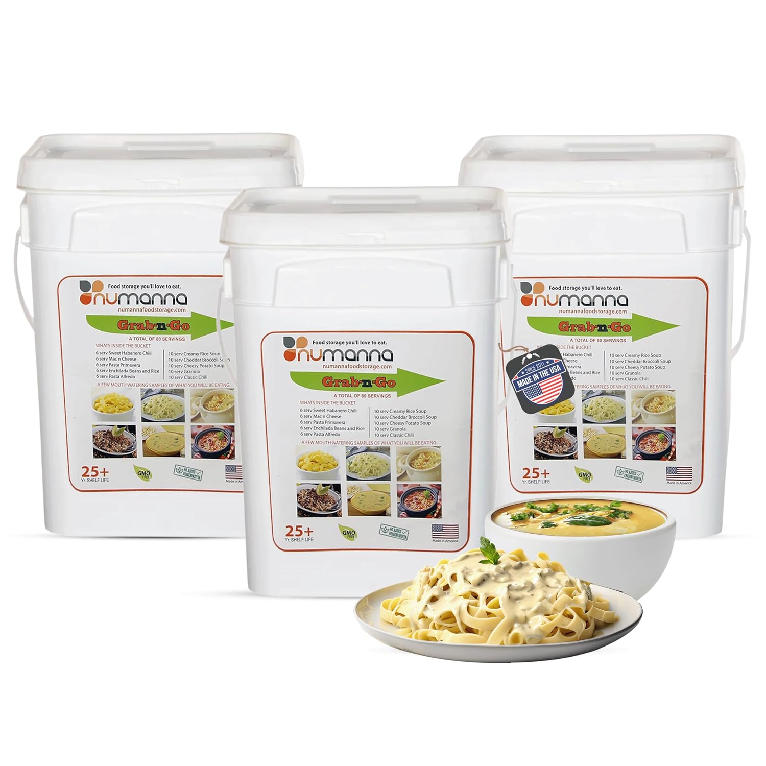 Numanna Grab-n-Go Bucket 80 Servings, 12 lbs | Freeze-Dried Premade Meals | 25+ Year Shelf Life | Non-Perishable, Ready-to-Eat Breakfast & Dinner Everyday Meals | Emergency & Survival Food Kit | Made in USA