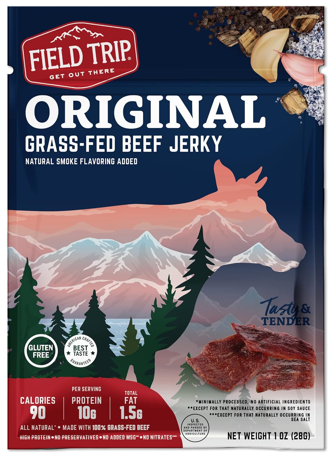 Field Trip Beef Jerky, Original, 1 Oz Bag, 12 Bags/carton | Grass Fed Beef Jerky, Healthy Gluten Free Snacks, All Natural, Paleo-Friendly Beef Jerky, High Protein, Low Carb, No Nitrates