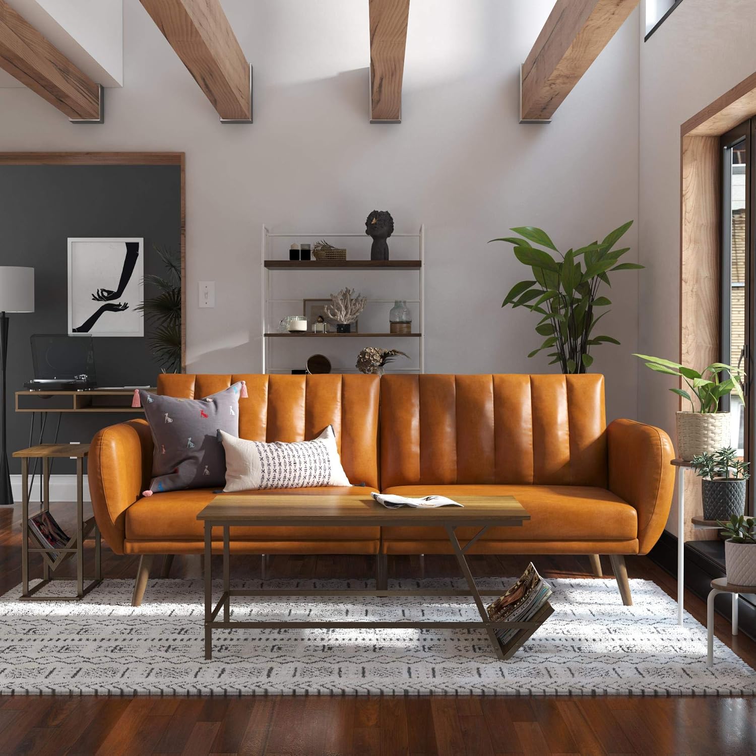 Novogratz Brittany Futon Sofa Bed and Couch Sleeper, Camel Faux Leather