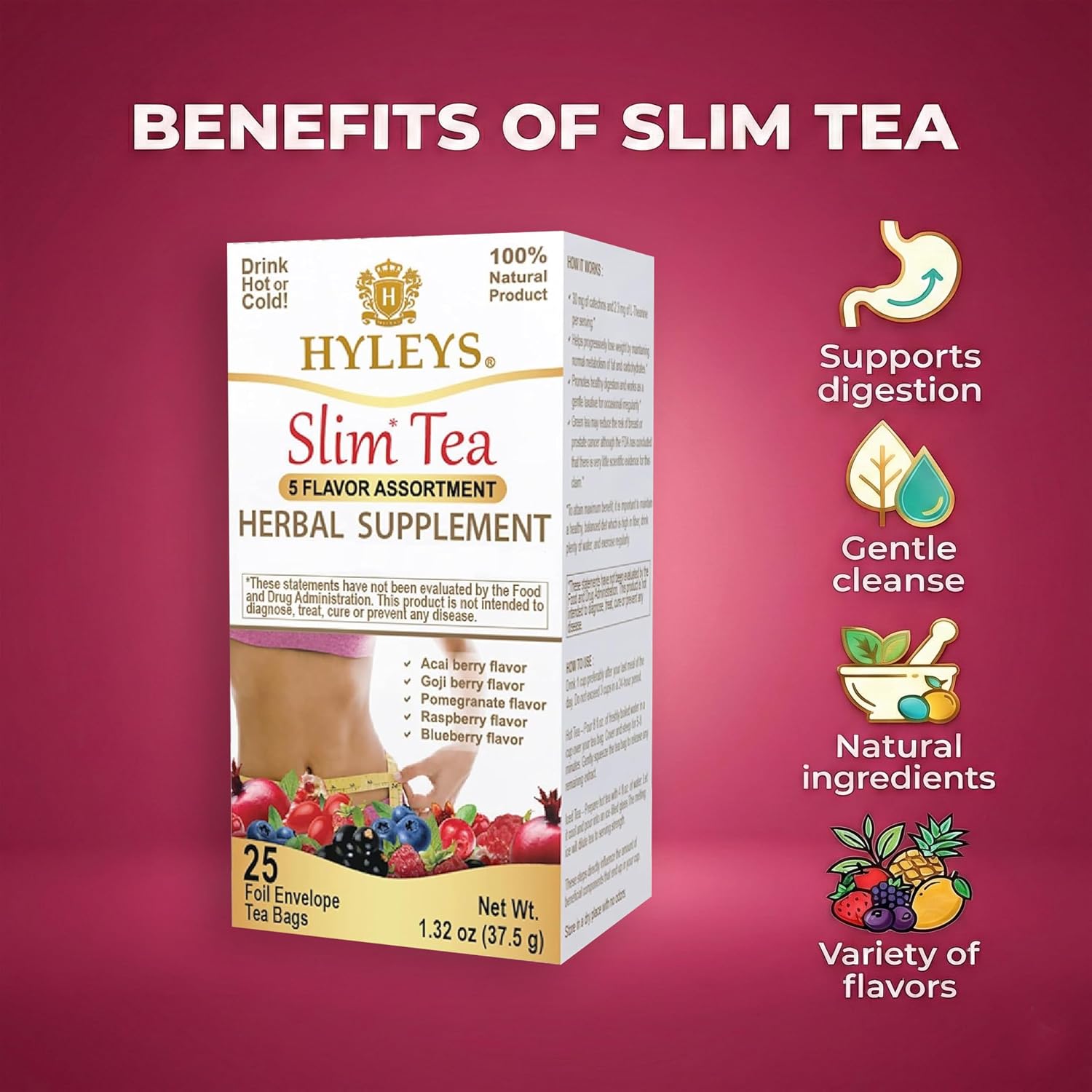 HYLEYS Slim Tea Goji Berry, Weight Loss Detox, Slimming Diet Tea, 25 Bags | Green Tea, Senna Detox & Cleanse, 3 Natural Ingredients, No Added Sugar, 1-Step Bedtime Routine, Supports Digestion