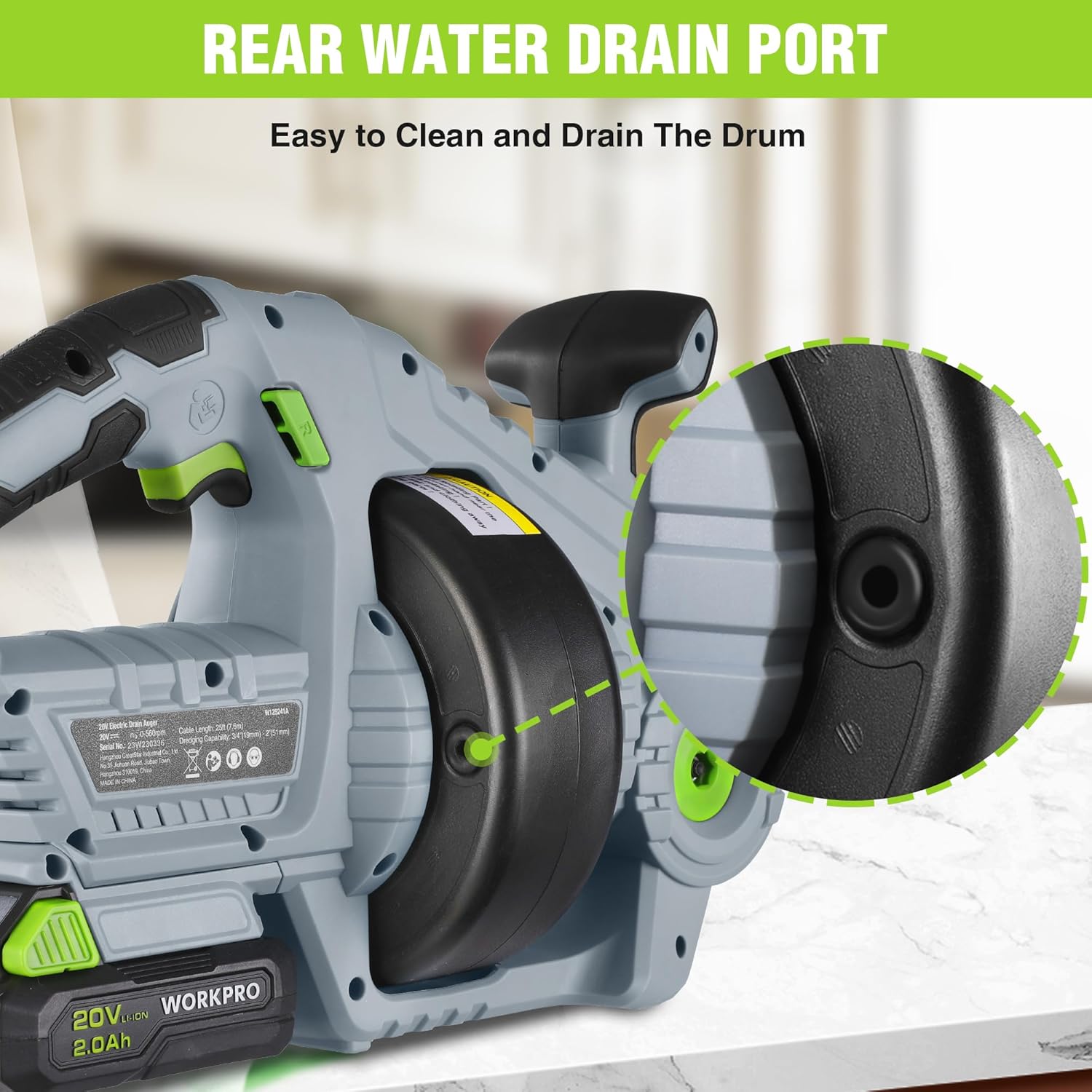 WORKPRO 20V Cordless Electric Drain Auger, 25 ft Plumbing Snake, 2.0Ah Battery | Suitable for 3/4" to 2" Pipes, Including Sinks, Toilets, Showers