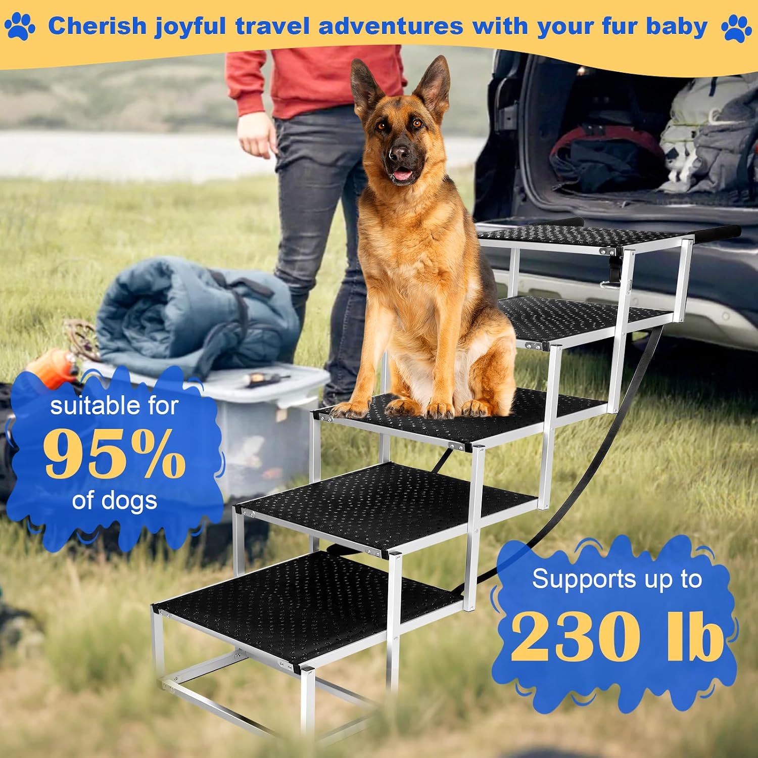 Deergym Dog Stairs for Large Dogs - 5 Step Wide 16in High 34in Foldable Dog Ramp for Car Non-Slip Surface Support up to 230lbs - Suitable for SUV,Truck, Sofas, Bed