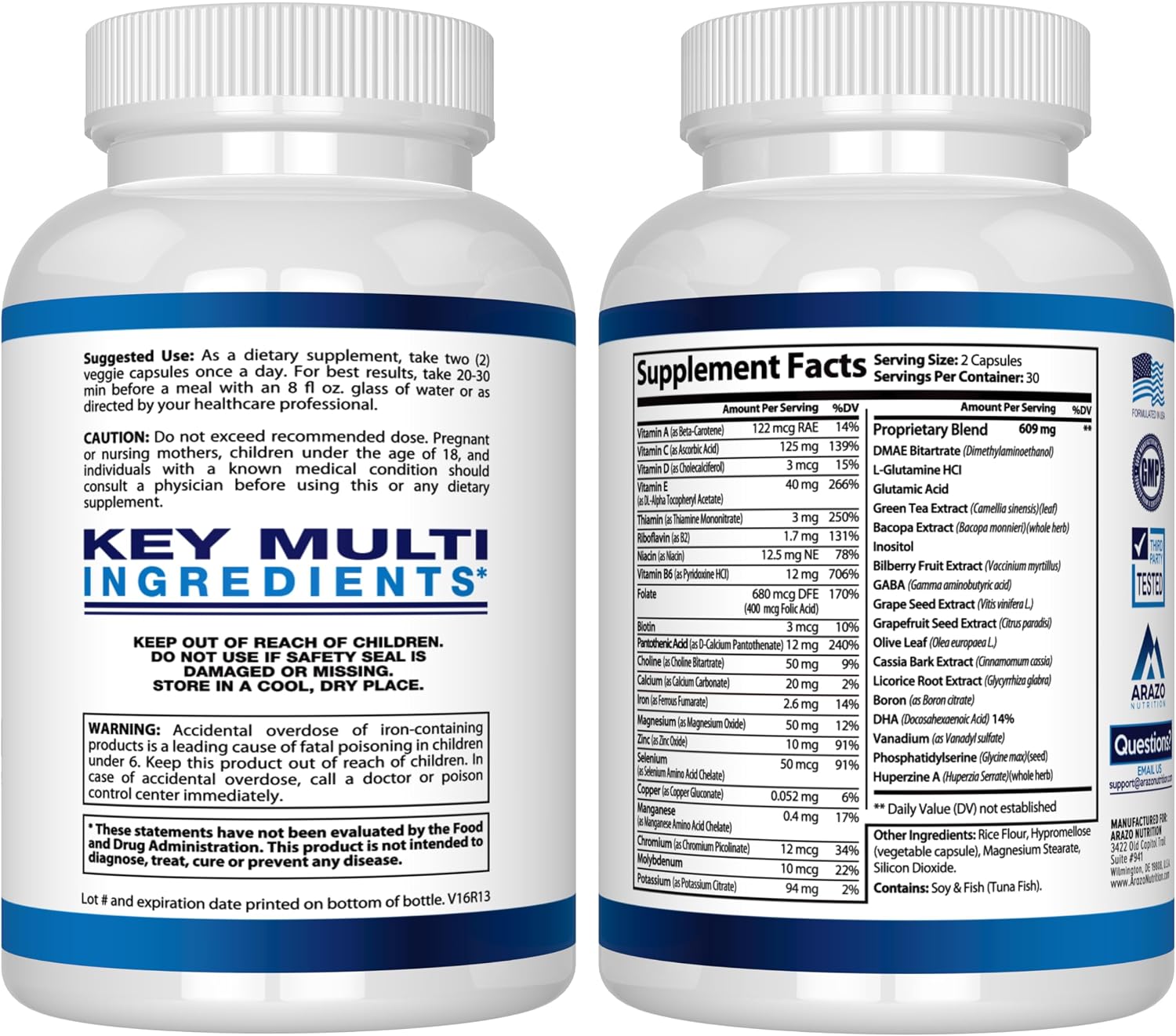 Arazo Nutrition Premium Brain Function Supplement – Memory, Focus, Clarity – Nootropic Booster with DMAE, Bacopa Monnieri, L-Glutamine