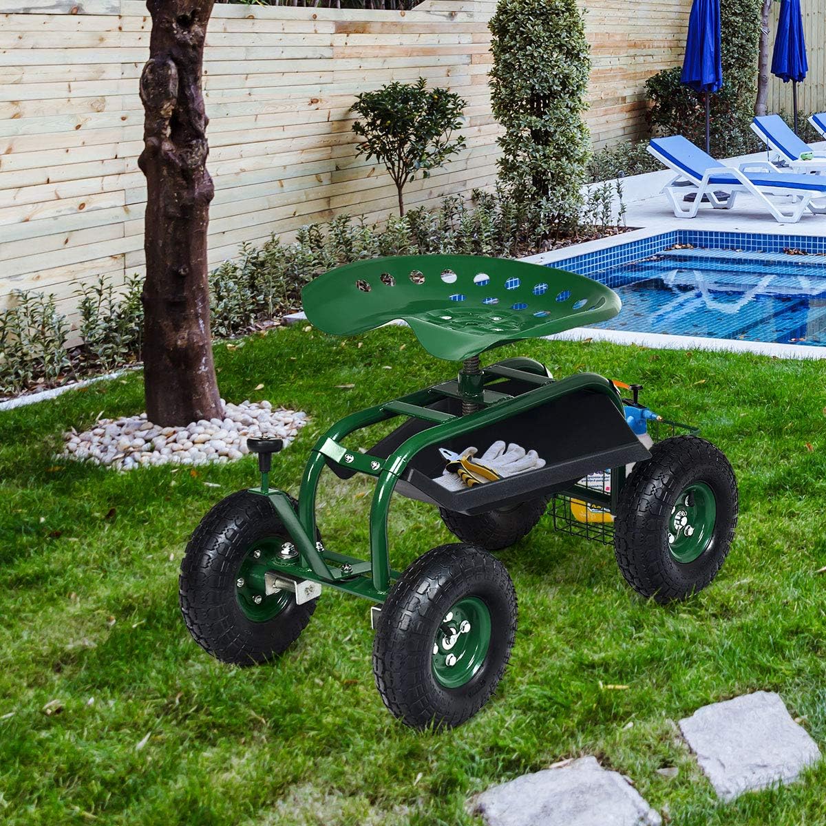 Goplus Rolling Garden Cart with Seat, Outdoor Garden Stool with Wheels, Tool Tray & Basket, Adjustable Steering Handle