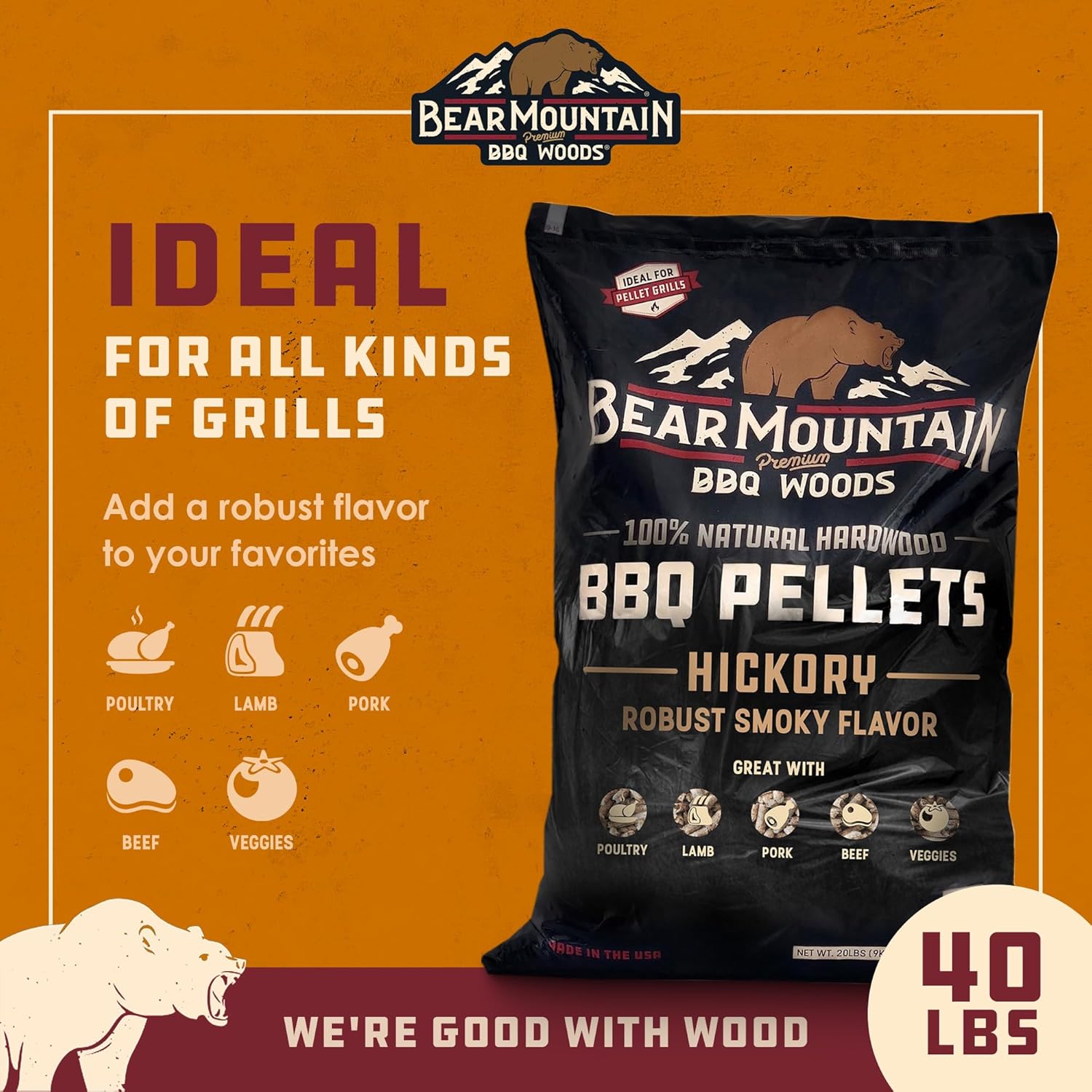 Bear Mountain Gourmet Blend Pellets for Smoker and Grill, 40lb Bag