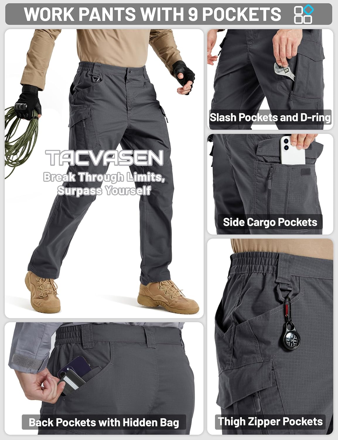 TACVASEN Men's Tactical Pants Waterproof Hiking Work Pants for Men Construction Stretch Cargo Trousers 9 Pockets