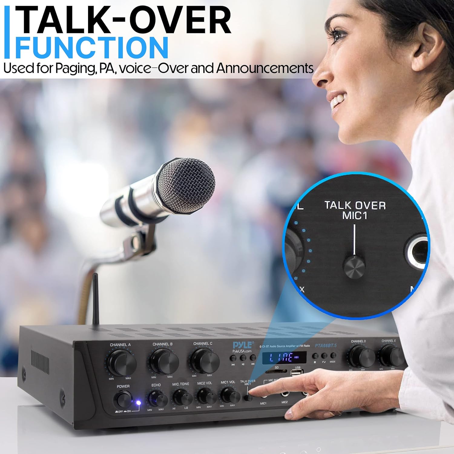 Pyle Bluetooth Home Audio Amplifier - 6 Channel Stereo Receiver Amp, 600 Watt Power, Commercial or Karaoke with Mic Talkover, Headphone Jack