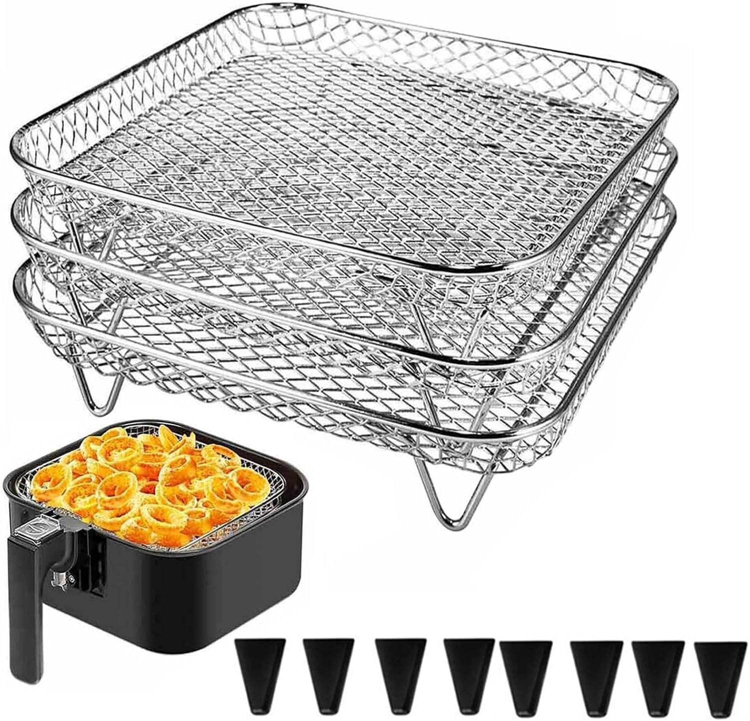 7 Inch Air Fryer Rack Compatible with Ninja Crispi/Ninja Pro 5QT/ Cosori 5QT/ Chefman 5-6QT/ Instant Pot 4Qt Vortex Air fryer &More, 3pcs Stackable Stainless Steel Air fryer Basket with 8 Silicon Feet