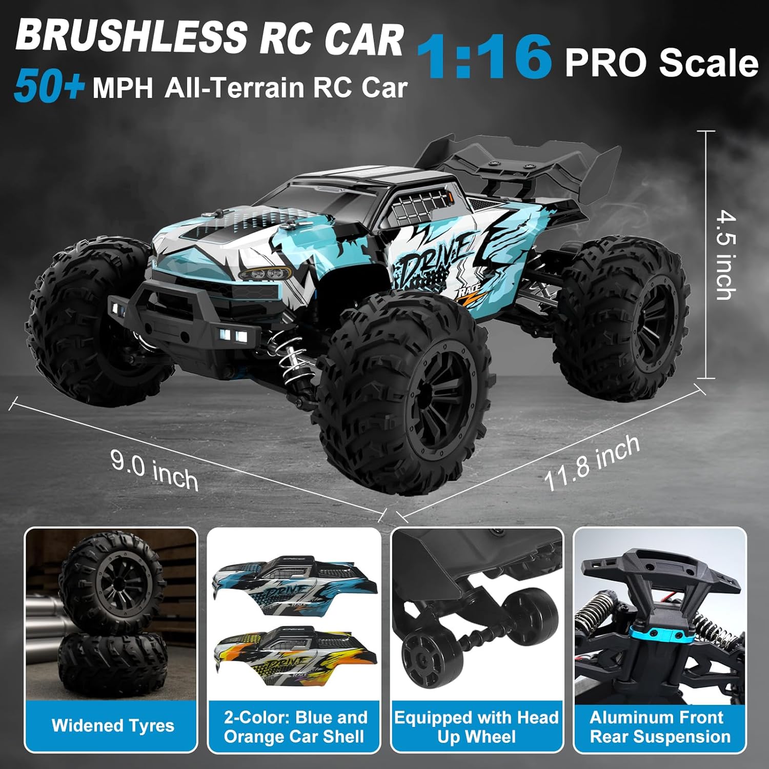 1:16 Scale Brushless RC Car - 50+ MPH High Speed All Terrain Off-Road Monster Truck for Adults & Teens 14+ | 2.4GHz, 2X LiPo Batteries