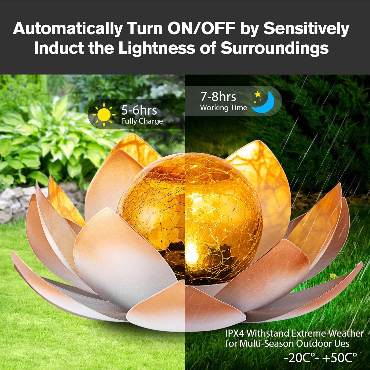 Huaxu Solar Lights Outdoor Garden, Crackle Globe Glass Lotus Decor, Waterproof LED Metal Flower Decorations for Patio,Lawn,Walkway,Tabletop,Ground