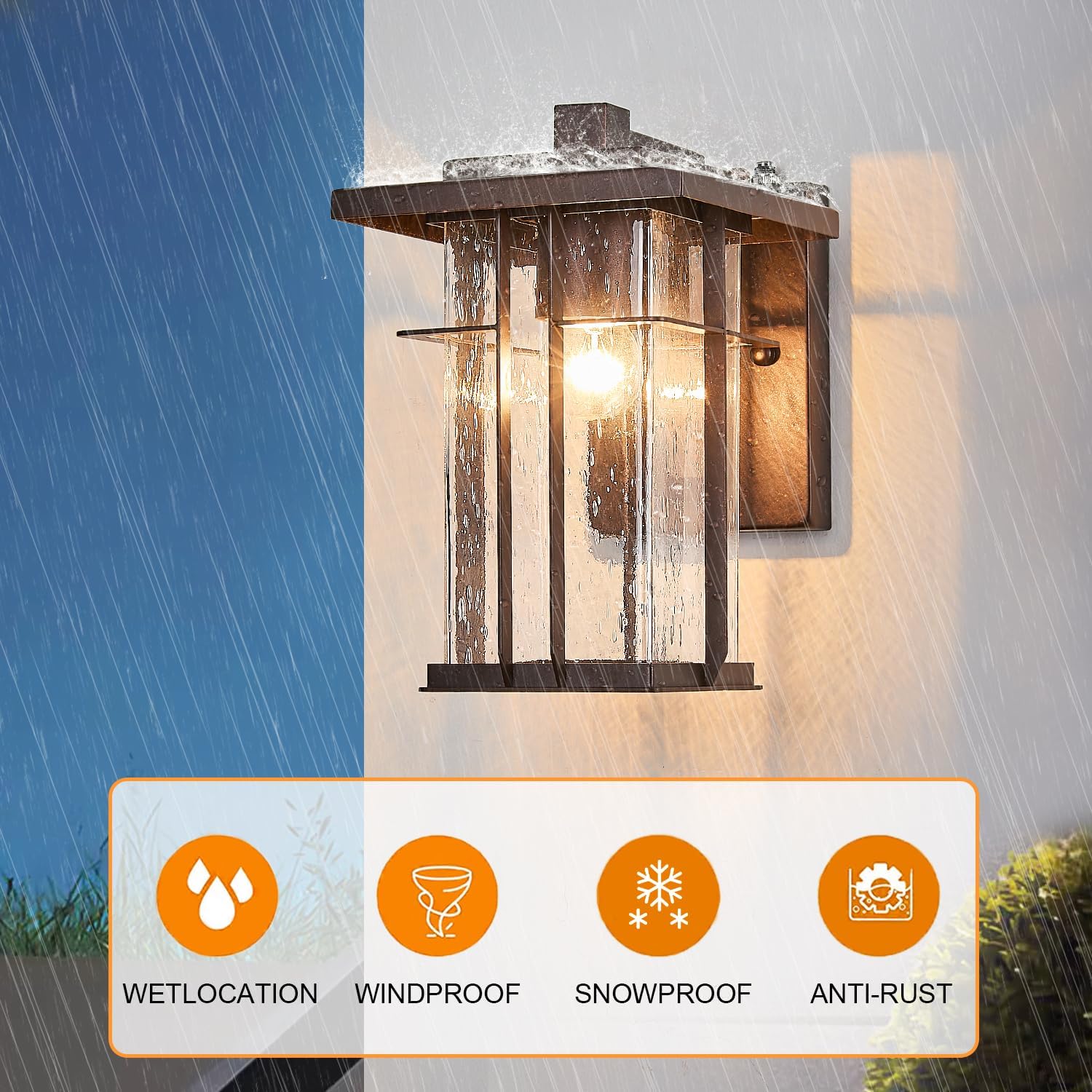 Rustic Dusk to Dawn Outdoor Wall Light Fixture 13.8"H Waterproof Exterior Wall Sconces Black Metal with Seeded Glass Sensor Outdoor Wall Lantern for