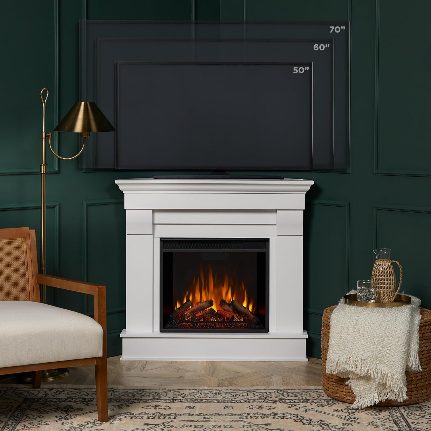 Real Flame Chateau 41" Corner Electric Fireplace with Mantel for Living Room or Bedroom, Replaceable Fireplace Insert Heater, Realistic Log and Flame Effect, Remote Control, Timer.