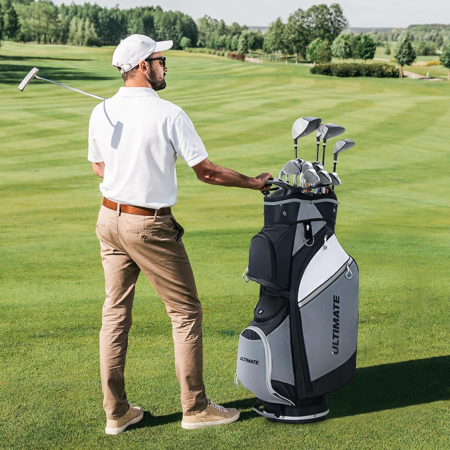 ULTIMATE Golf Cart Bag w/14 Way Top Dividers, Lightweight Golf Stand Bag w/Rain Hood & 7 Zippered Pockets Including a Cooler Pocket, Umbrella Holder