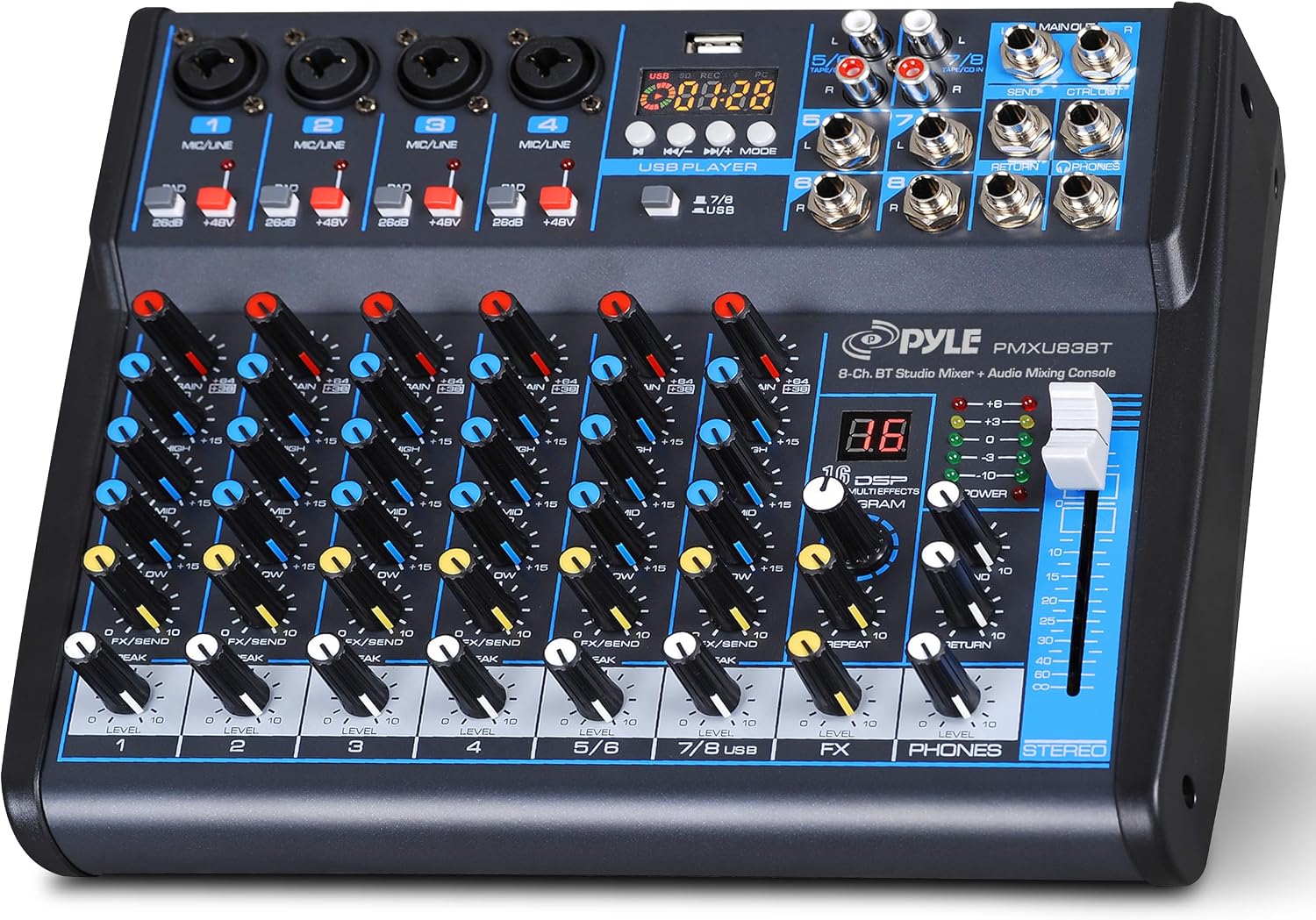 Pyle 8 Channel DJ Audio Mixer, Bluetooth, DSP FX, USB, Audio Interface | +48V Phantom Power, 16Bit DSP Processor, USB-A MP3 Player