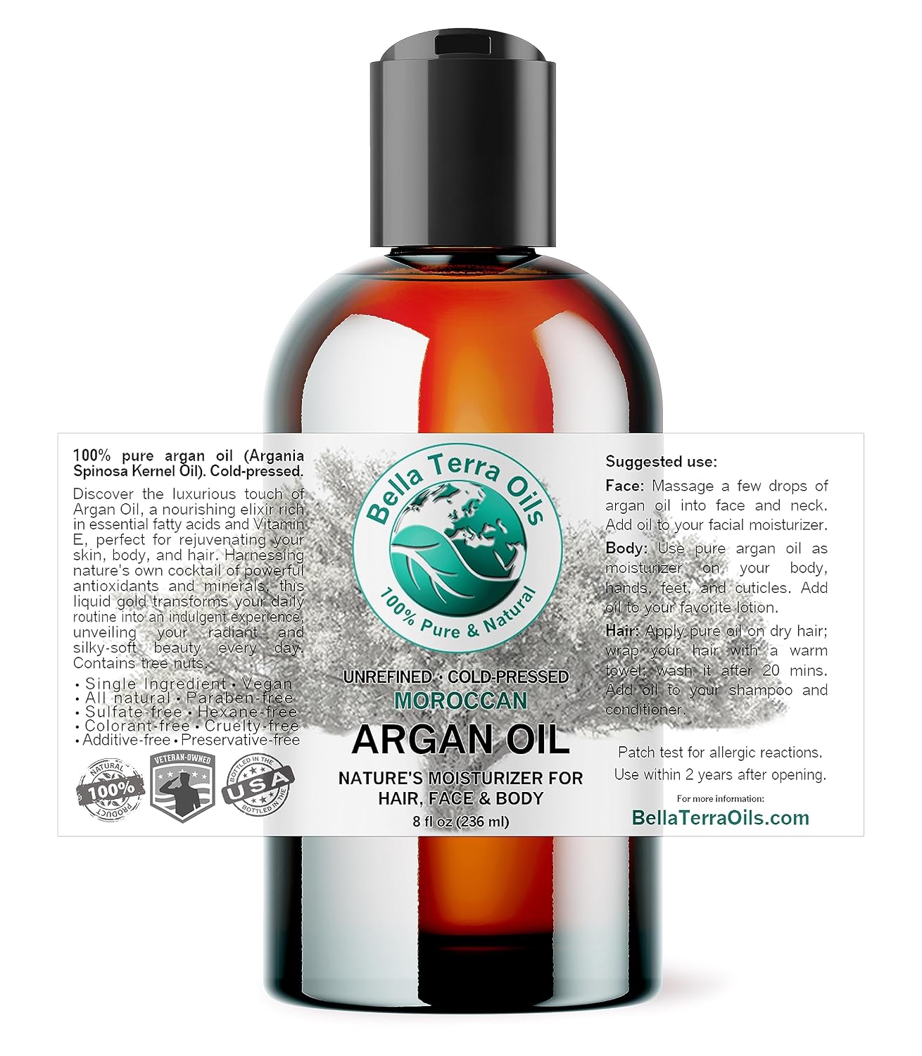 Bella Terra Oils - Argan Oil 2 oz - Cold-Pressed from Morocco, Rich in Vitamin E & Fatty Acids, Perfect Hair Oil Serum to Combat Frizz, Luxurious Face Oil