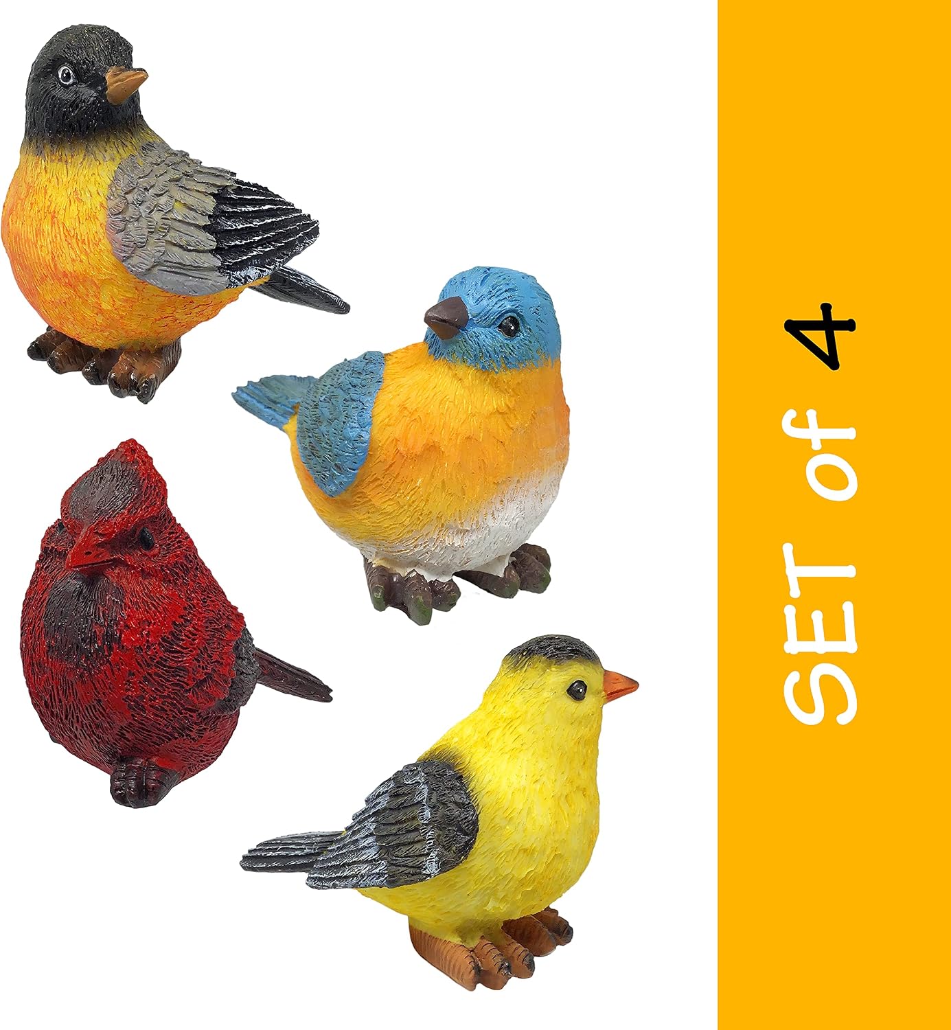 Songbird Garden Figurines Set of 4 – Cardinal, Bluebird, Goldfinch & Robin – Decorative Bird Statues for Home Décor, Spring Decorations, Crafting