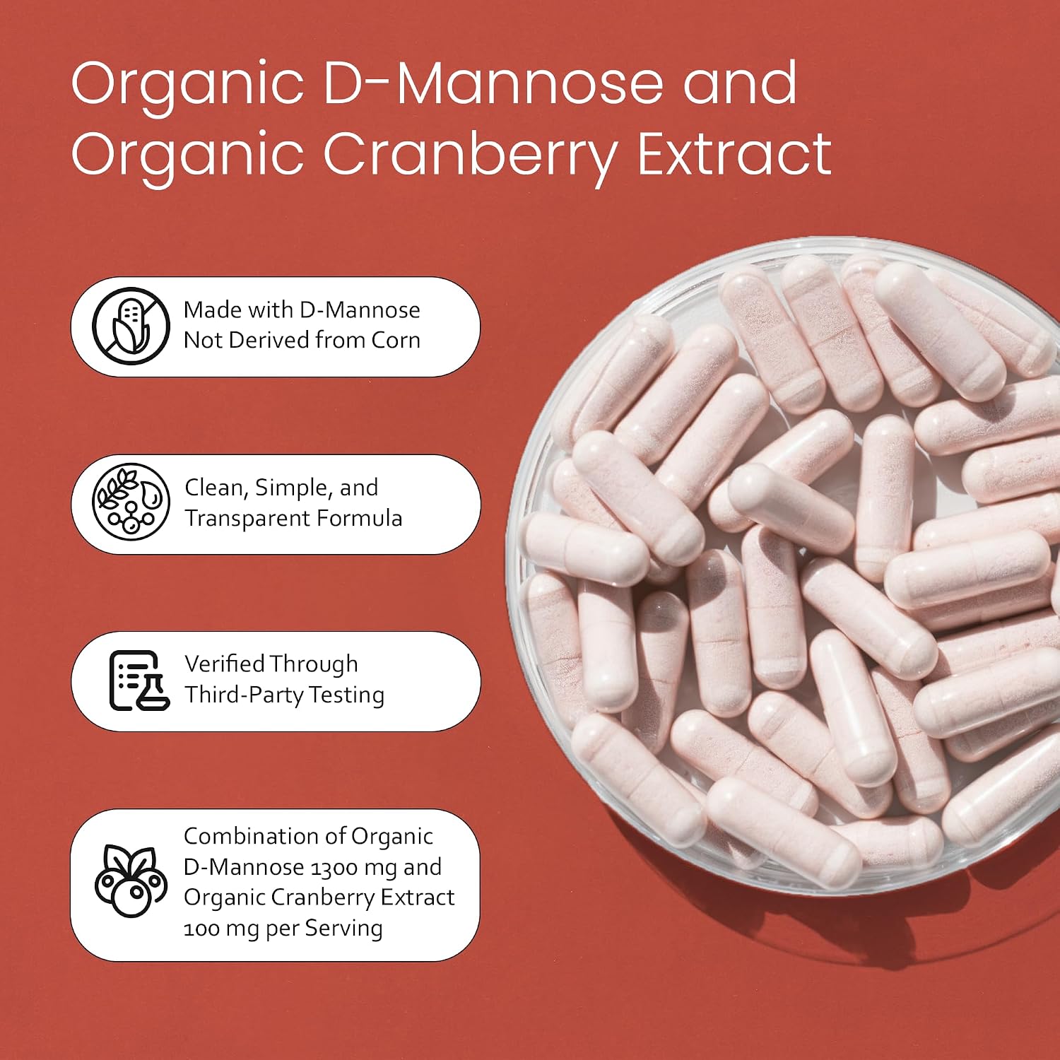 NaturaLife Labs Organic D-Mannose 1300mg + Organic Cranberry Extract 100mg per Serving – Urinary Tract Support – Non-GMO, Gluten-Free & Vegan – 100 Capsules