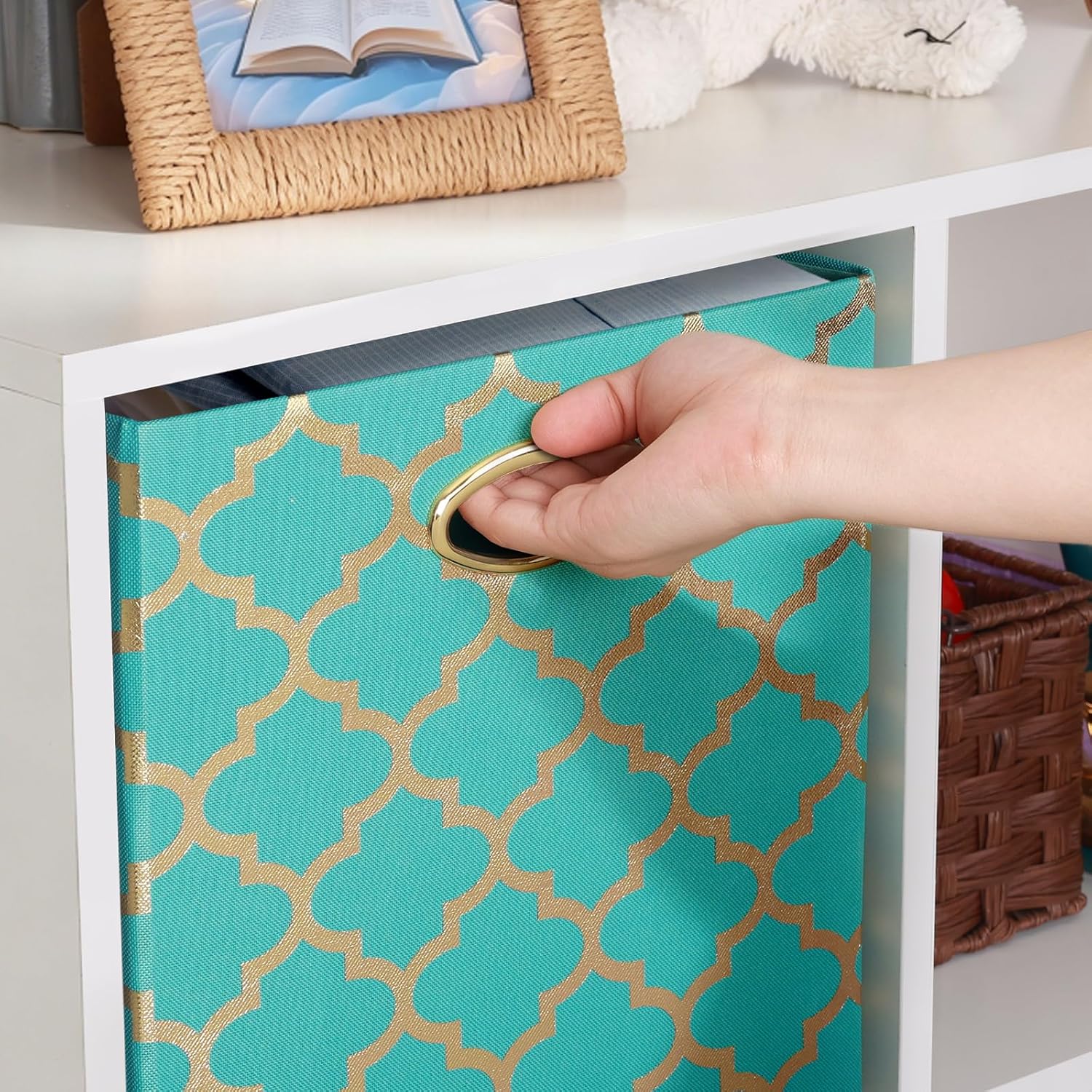 Posprica Storage Bins, Storage Cubes,13×13 Fabric Drawers Organizer Basket Boxes Containers (13×13×13/4pcs, Cream/gold geometry Pattern)