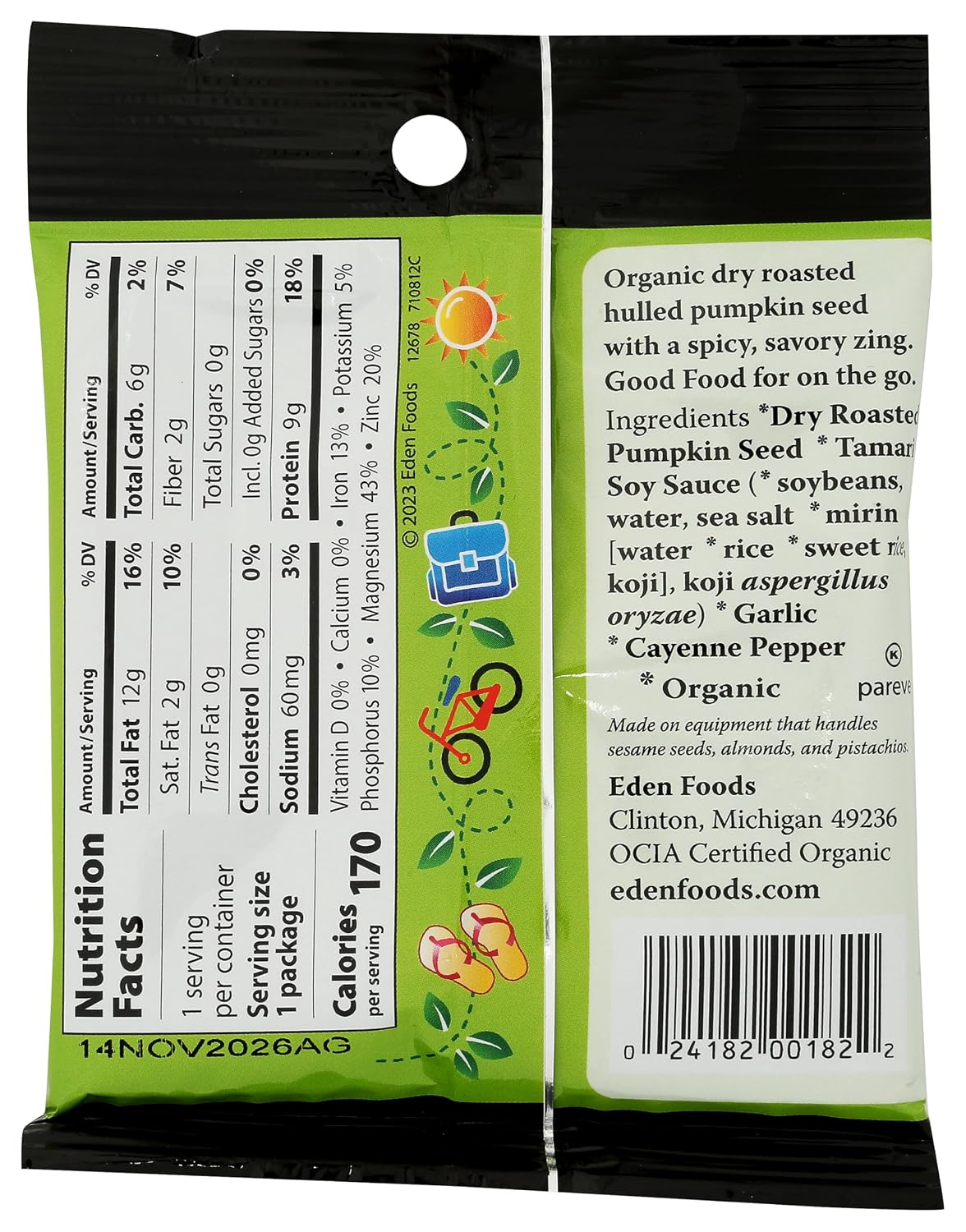 Eden Organic Spicy Pumpkin Seeds, Dry Roasted, Pocket Snacks, 1 Ounce (Pack of 12)
