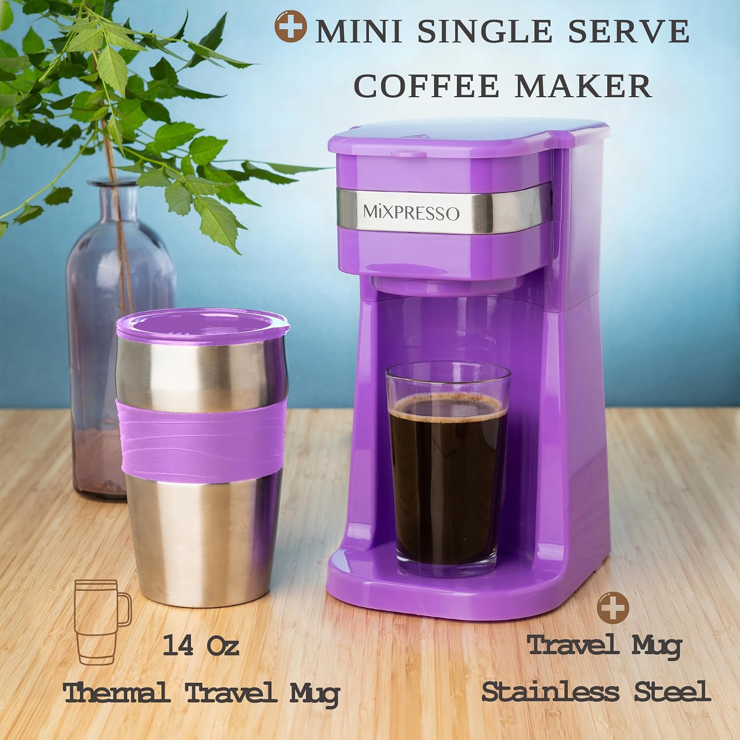 Mixpresso Single Serve & Single Cup Coffee Maker with 14oz Travel Mug Black | For ground coffee only, reusable filter, auto shut off. Compact personal drip coffee maker, not compatible with K-Cup pods.