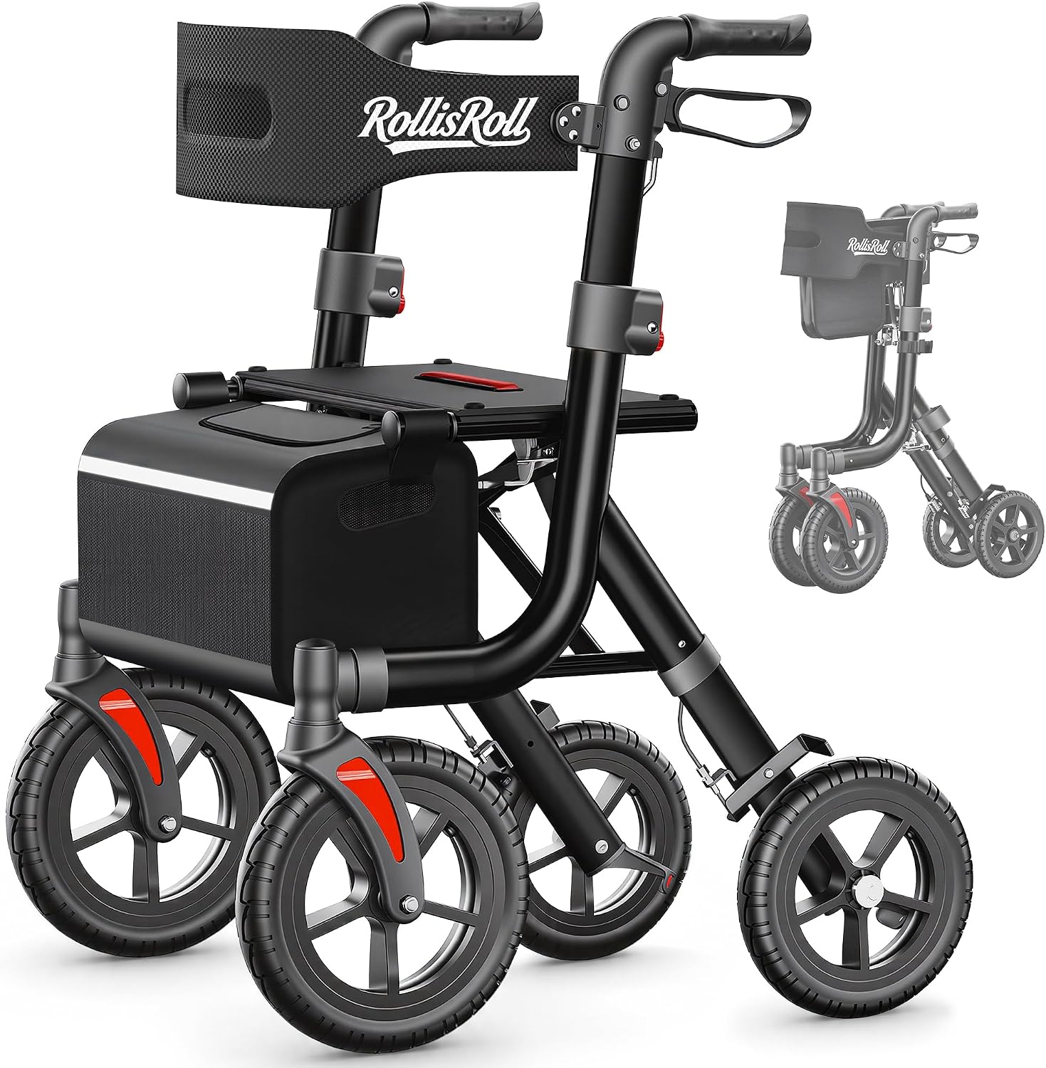 Walkers for Seniors, Rollator Walker with Seat, 10" Big Rubber Wheels All Terrain Rolling Walker, Lightweight Foldable Rollator Walker, Built-in Cable, Reinforced Aluminum Frame, Orange