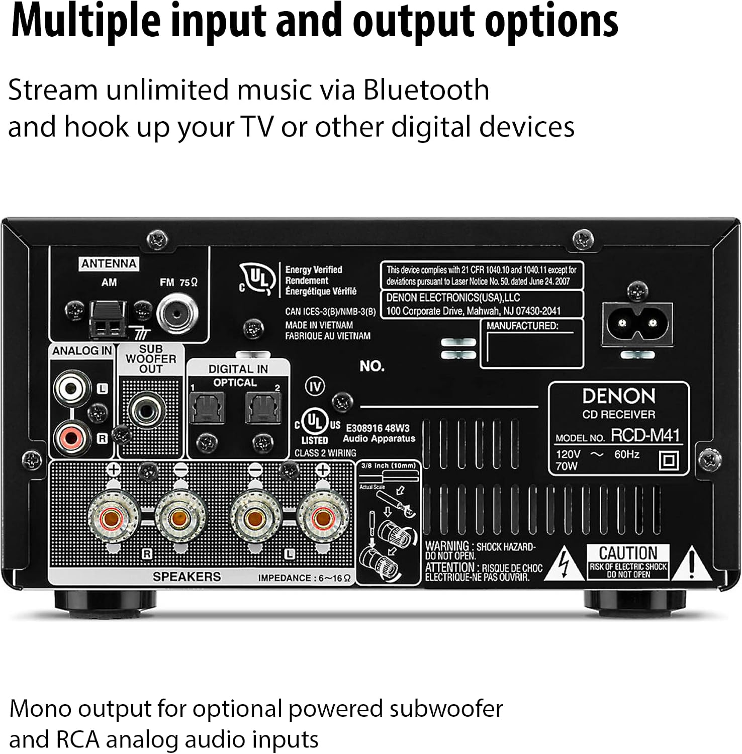 Denon D-M41 Home Theater Mini Amplifier and Bookshelf Speaker Pair | Compact HiFi CD Stereo System with Speakers, FM/AM Tuner, Wireless Bluetooth Amp