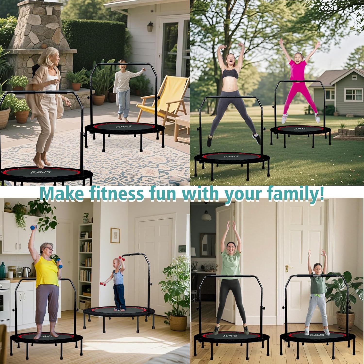 RAVS 40/48" Foldable Rebounder Trampoline for Adults, Handlebar, Indoor