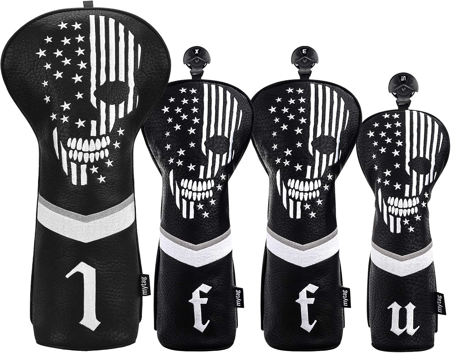 Skull Golf Head Covers Black Synthetic Leather Skeleton Golf Headcovers Set