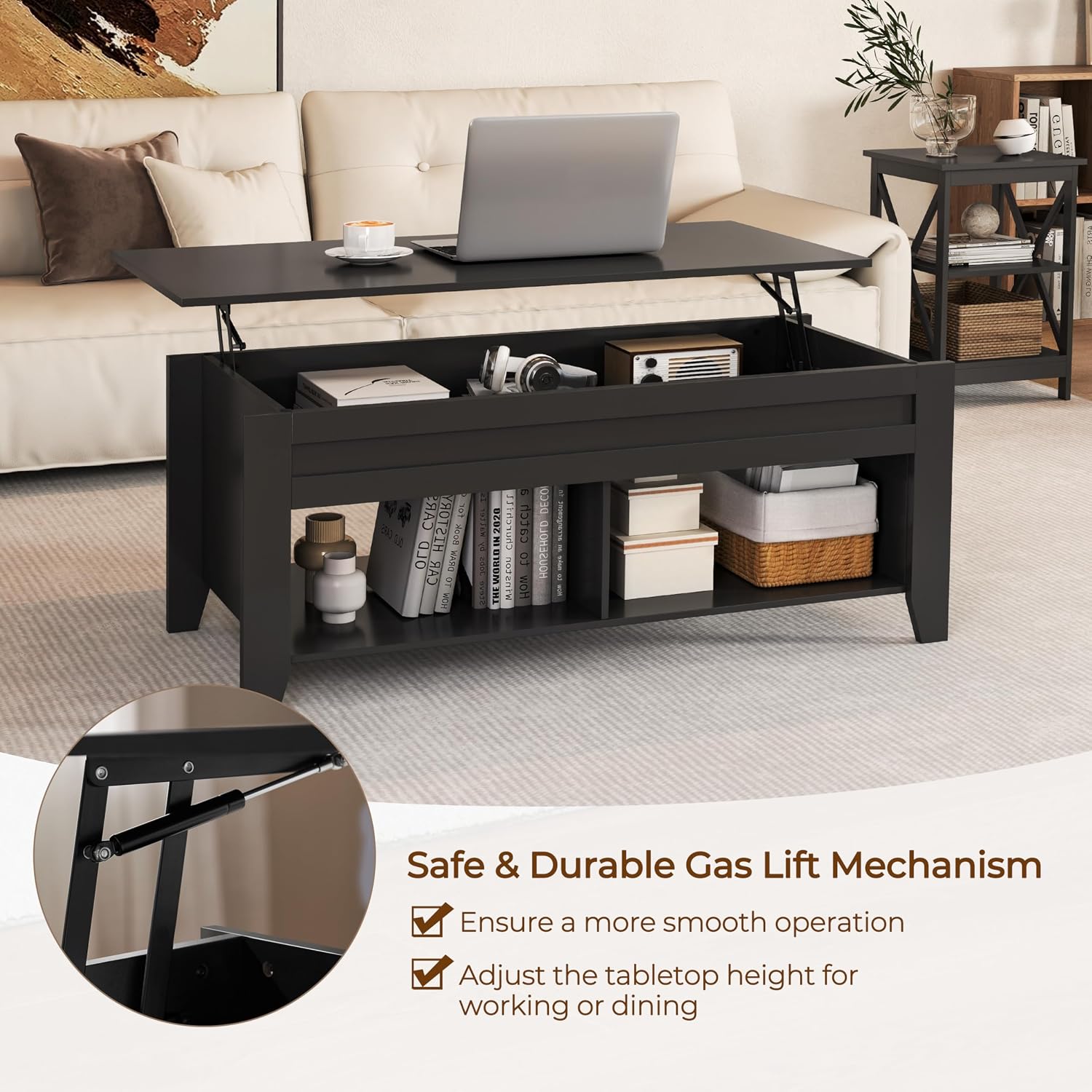 Yaheetech Lift Top Coffee Table with Hidden Storage Compartment Gray 47.5in