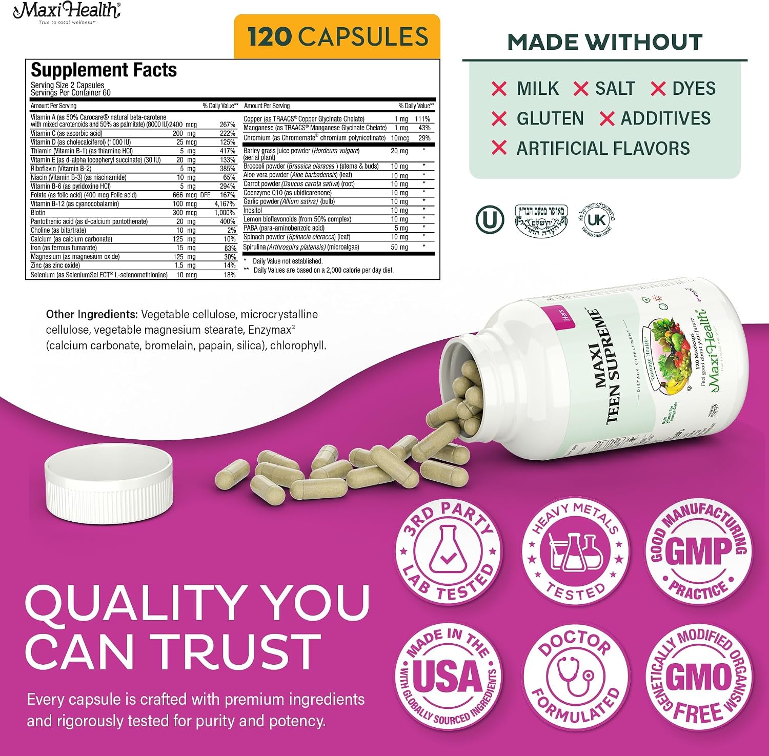 Teen Vitamins for Boys 12-17 - Teen Multivitamin Supreme with D3, Iron, Calcium, Biotin, Digestive Enzymes – Teenager Boy Multi Vitamins for Energy, Brain & Mood Support – 60 Count