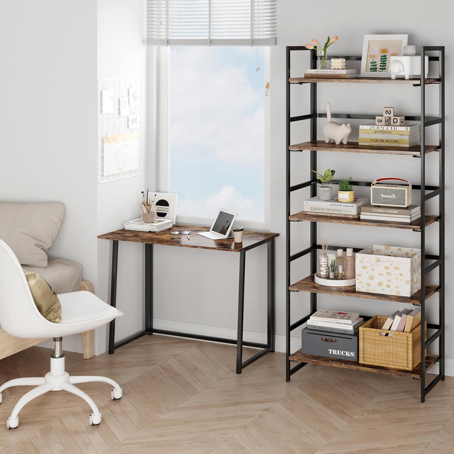 Vintage Multifunctional Folding Bookshelf, No-Assembly Plant Stand Storage Rack Shelves for Home Office (Fire, 5-Tier)
