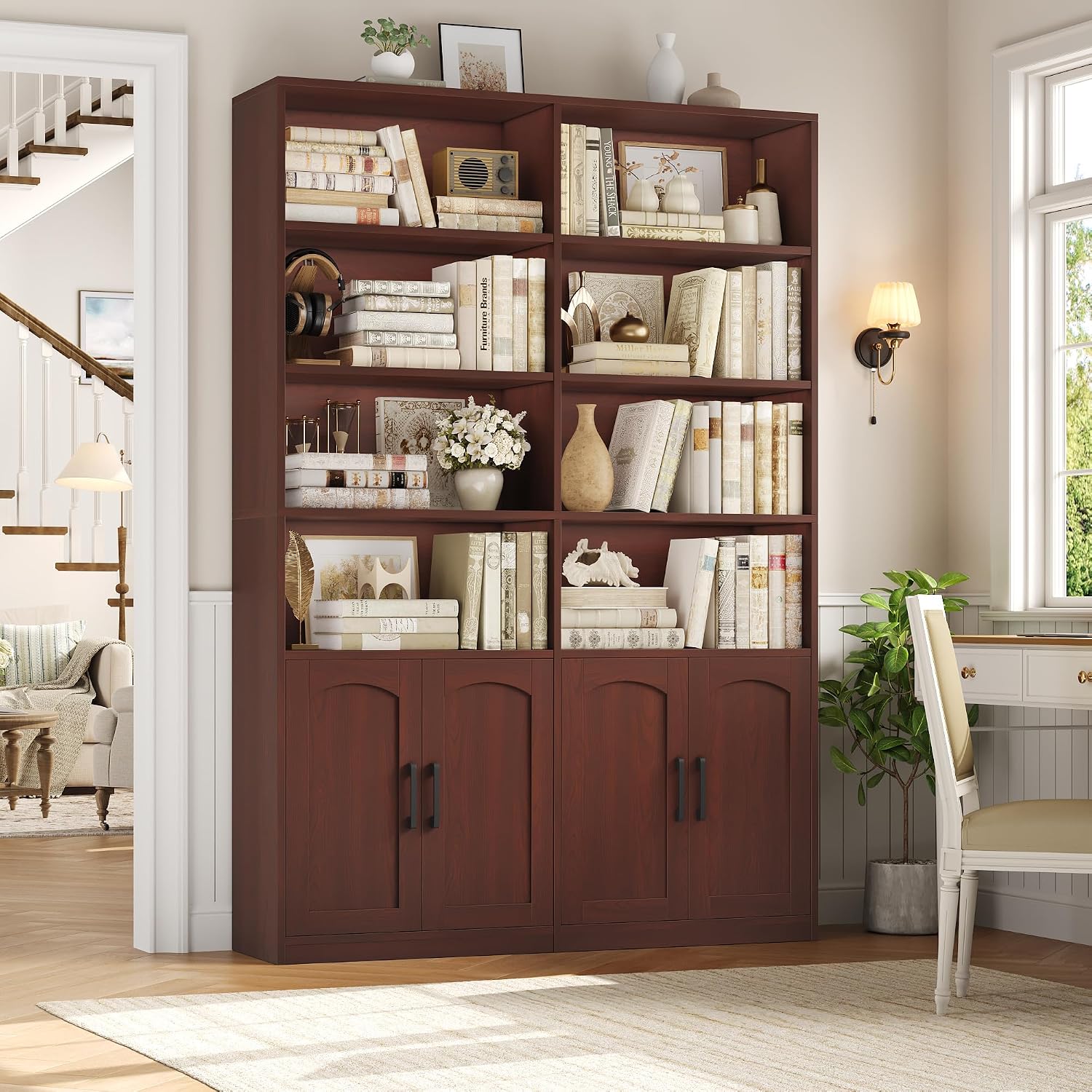 Bookshelf and Bookcase with Doors, Double Wide Large Bookshelves | Industrial Open Display Shelves 6 Tier, 73'' Tall Bookshelf with Storage Cabinets for Office,Home, Living Room, Library,White