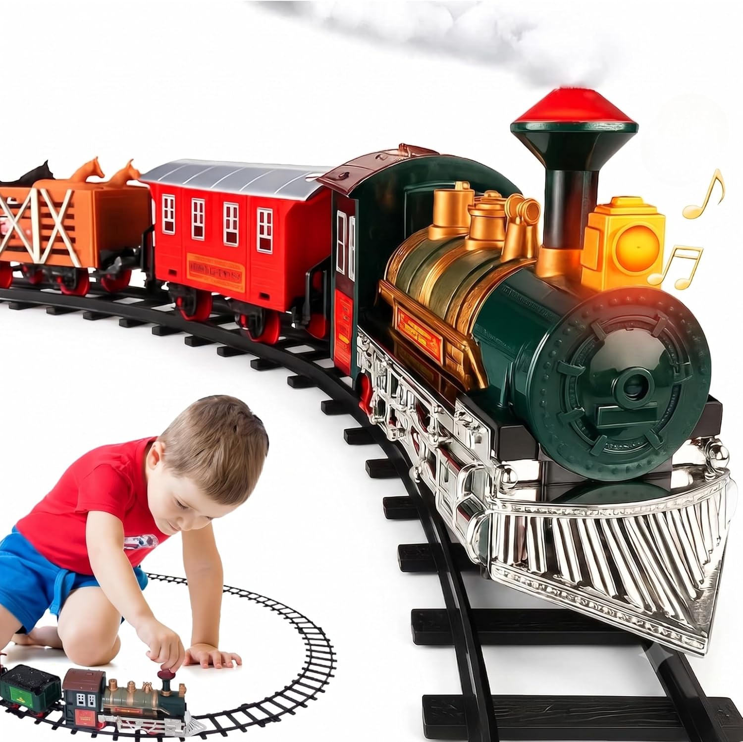 Electric Train Set for Kids Ages 4-8 | Train Set for Kids Ages 4-8 | Battery Powered Trains Sets with Lights & Sounds, Steam Locomotive Engine