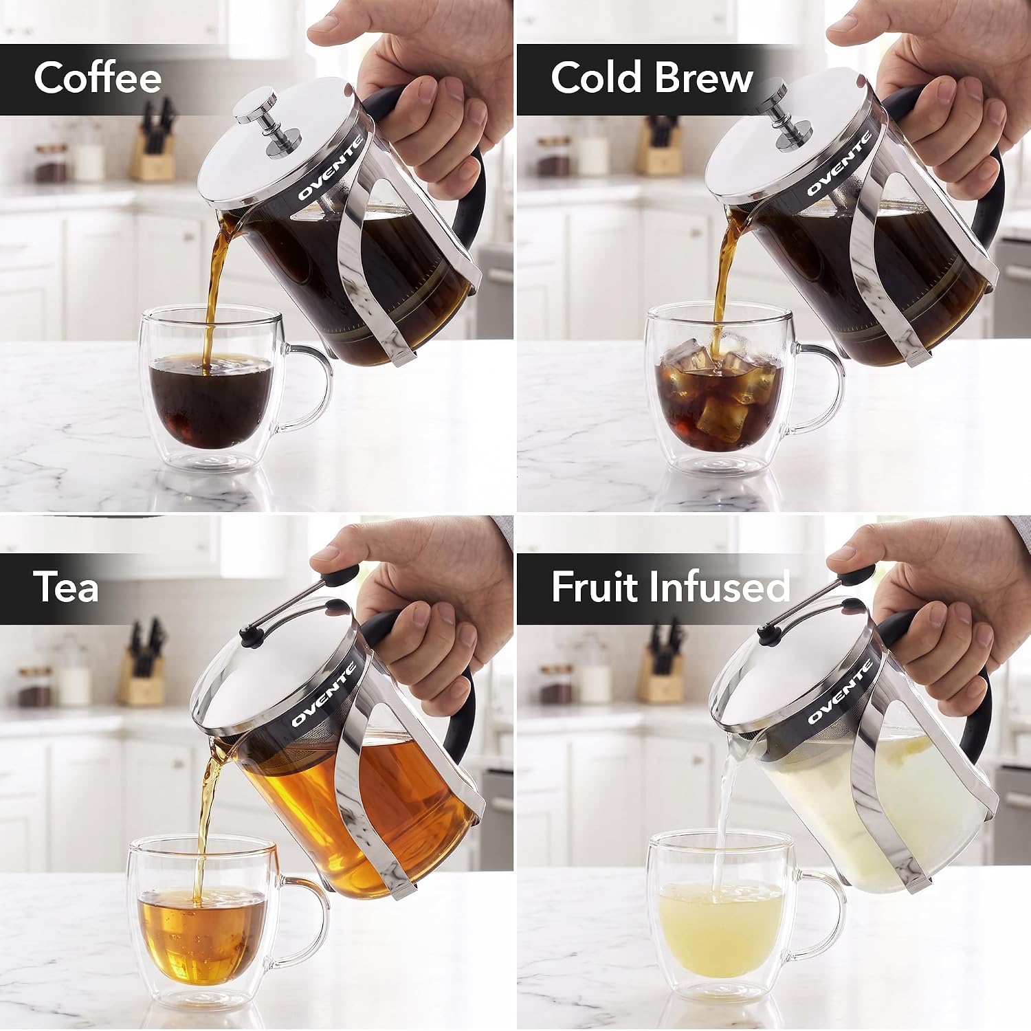 OVENTE French Press Coffee Maker, 34oz BPA-Free Cold Brewer, Clear FGC34T | Heat Resistant Borosilicate Glass, 4-Level Filter System, Stainless Steel Plunger, Cafetera Tea Pot for Kitchen Travel Gifts