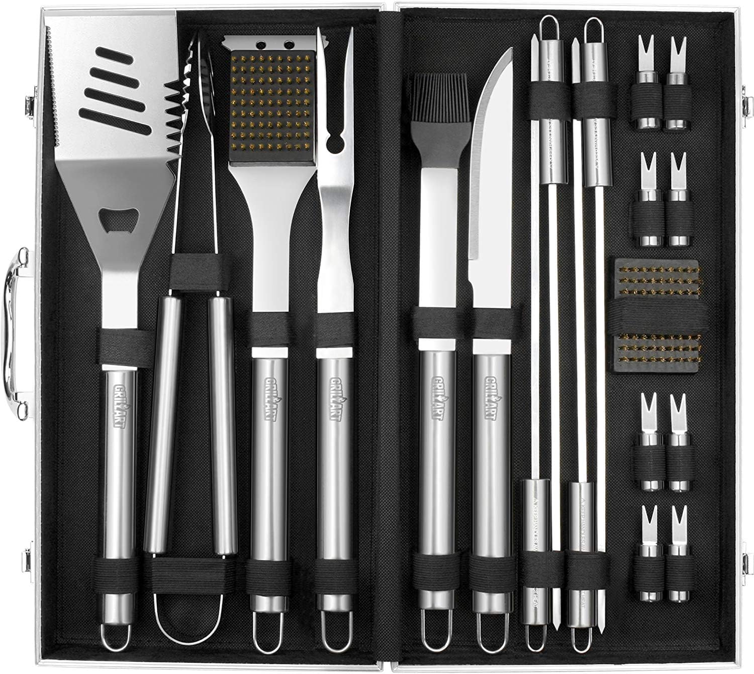 GRILLART BBQ Grill Utensil Tools Set Reinforced BBQ Tongs 19-Piece Stainless-Steel Barbecue Grilling Accessories w/Aluminum Storage Case -Complete