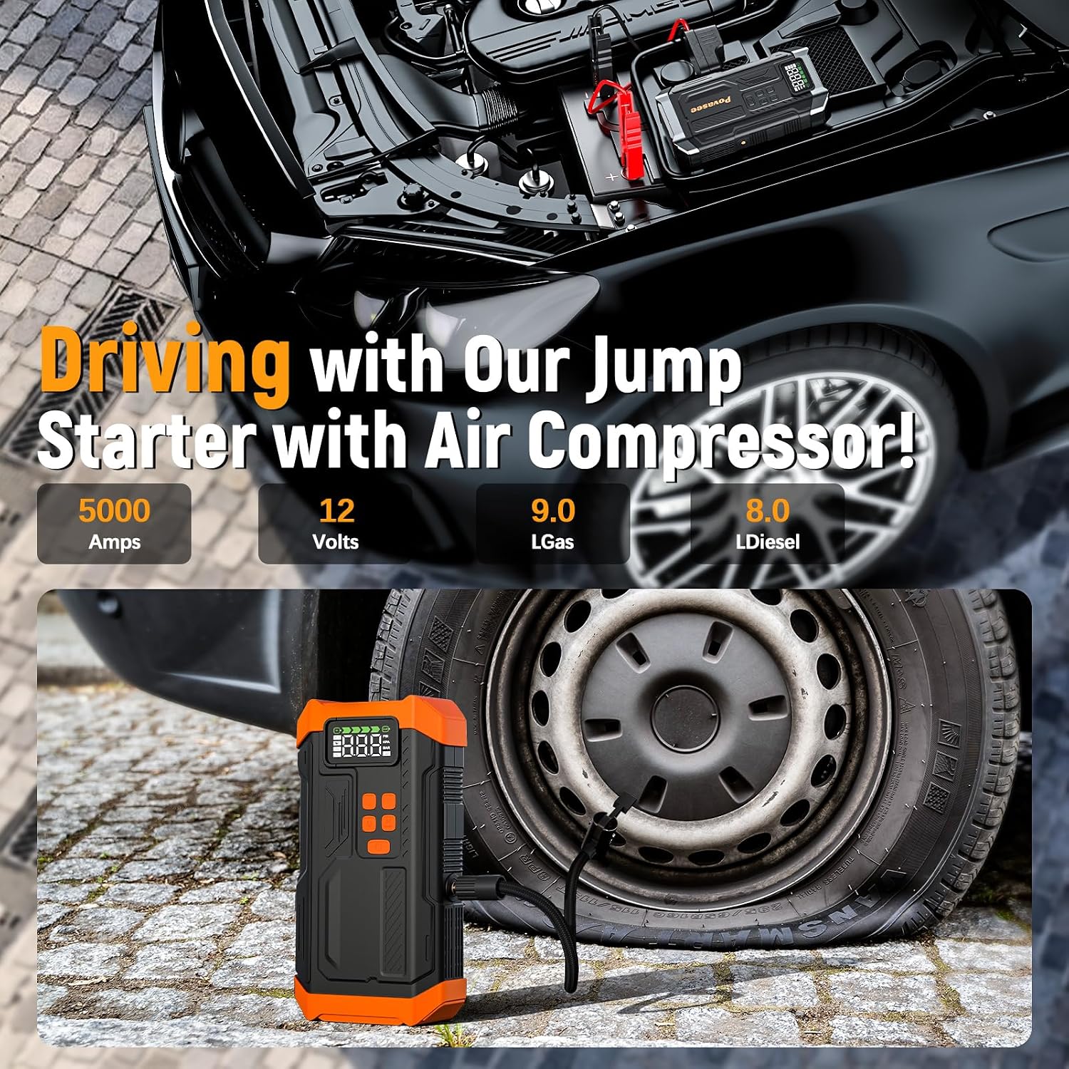 [2026NEW Model] 5000A Jump Starter with Air Compressor,Car Jumper Starter Portable with 150PSI Tire Inflator 12V Jump Box with LCD Display,Flashlight,Storage Case (Up 9L Gas/8L Diesel Engine