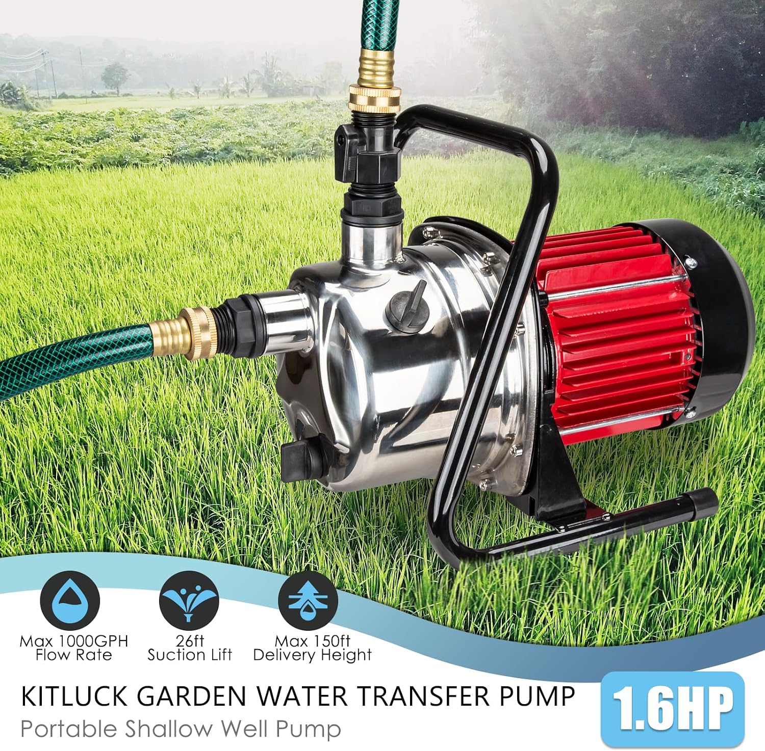 Water Transfer Garden Pump, 1.6 HP 1000GPH Portable Electric Shallow Well Jet Pump, Stainless Steel Sprinkler Pressure Booster Pump for Pool Draining, Lawn Fountain, Irrigation, Water Removal